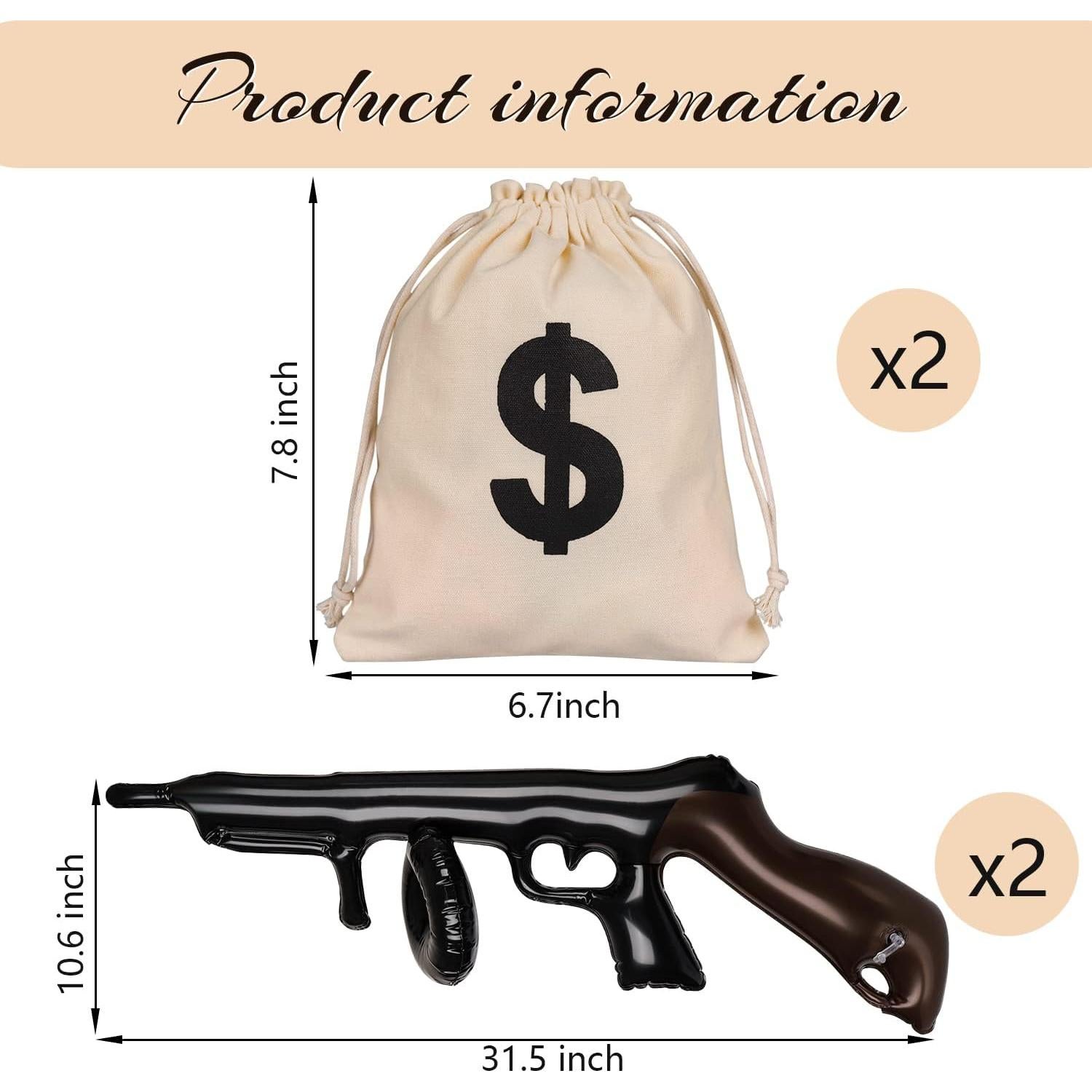 Accesorios de Disfraz 4 Pcs Pistola Inflable y Bolsa de Dinero
