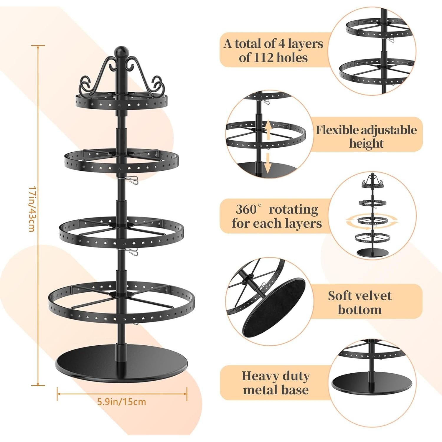 Organizador de Pendientes MODOWEY 4 Niveles Giratorio Negro