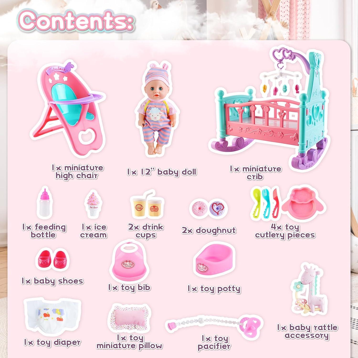 Set de Juego de Muñeca de 30 cm de deAO con Cuna y Accesorios