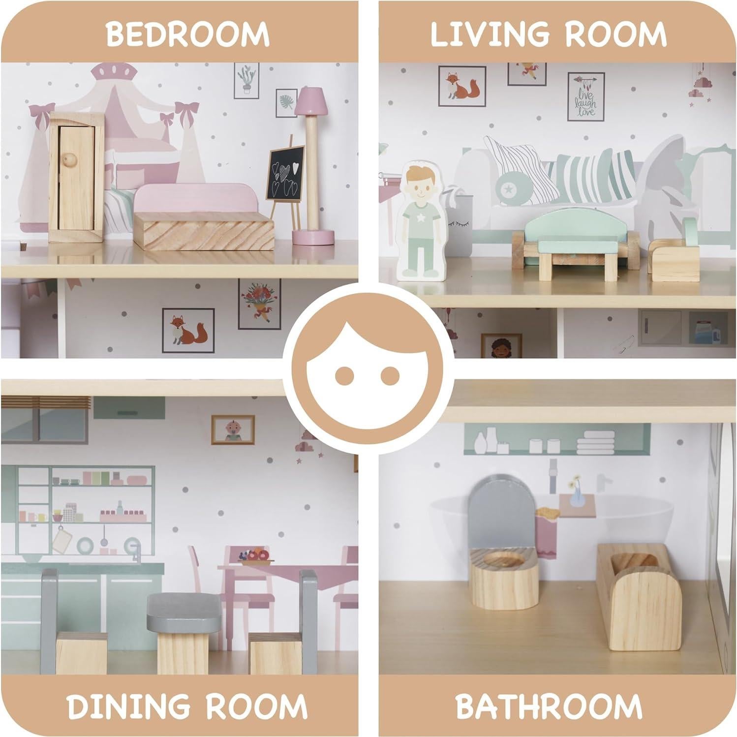 Casa de Muñecas de Madera Touch Us 3 Niveles con Muebles