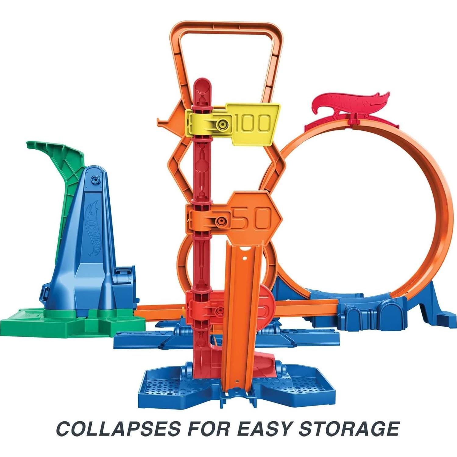 Hot Wheels Toy Car Track Set with 1:64 Vehicle, STEAM Flight Path Challenge Playset, Learn The Basic Physics of Trajectory, Track Storage