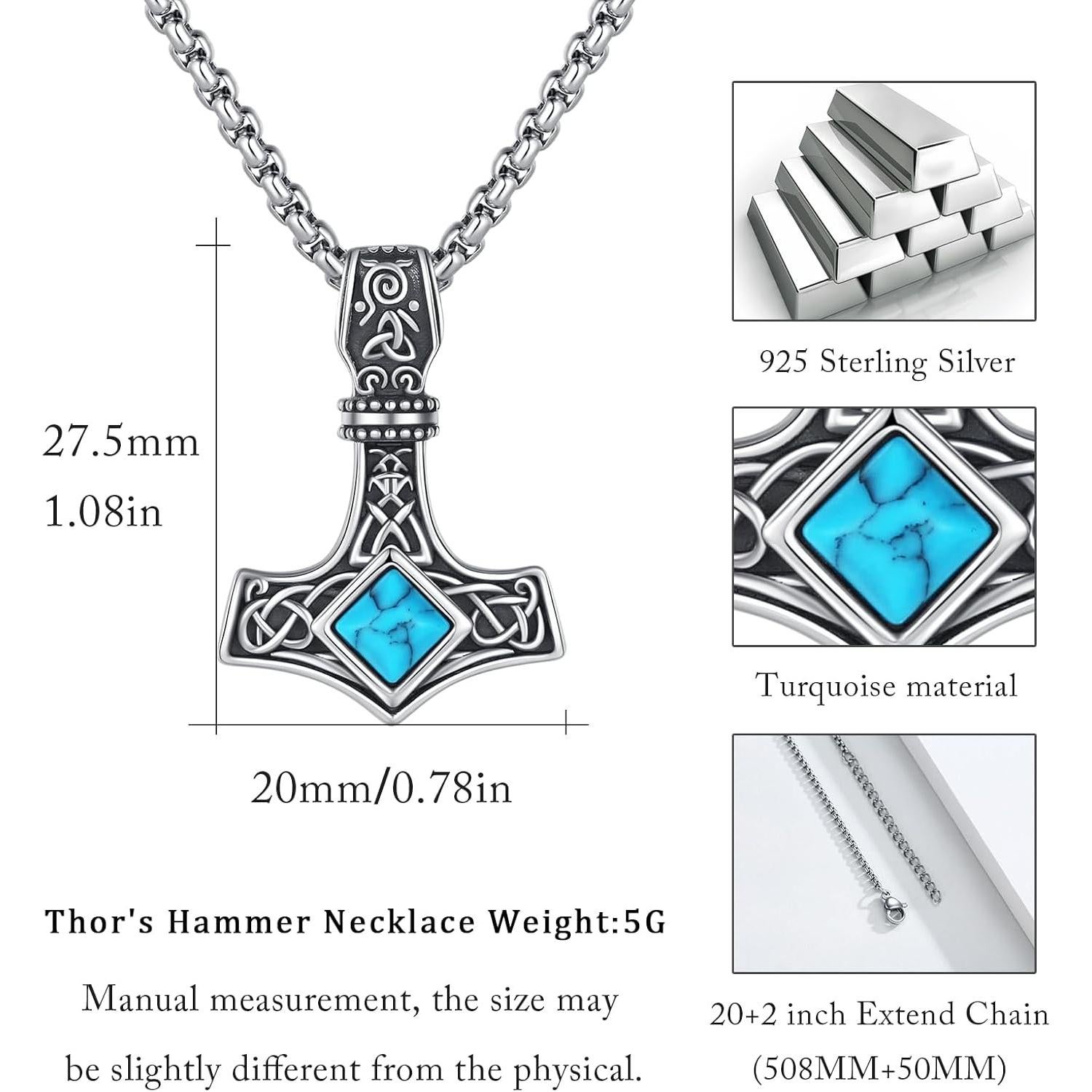 Collar Mjolnir Thor Plata Esterlina 925 con Turquesa 27.5x20mm