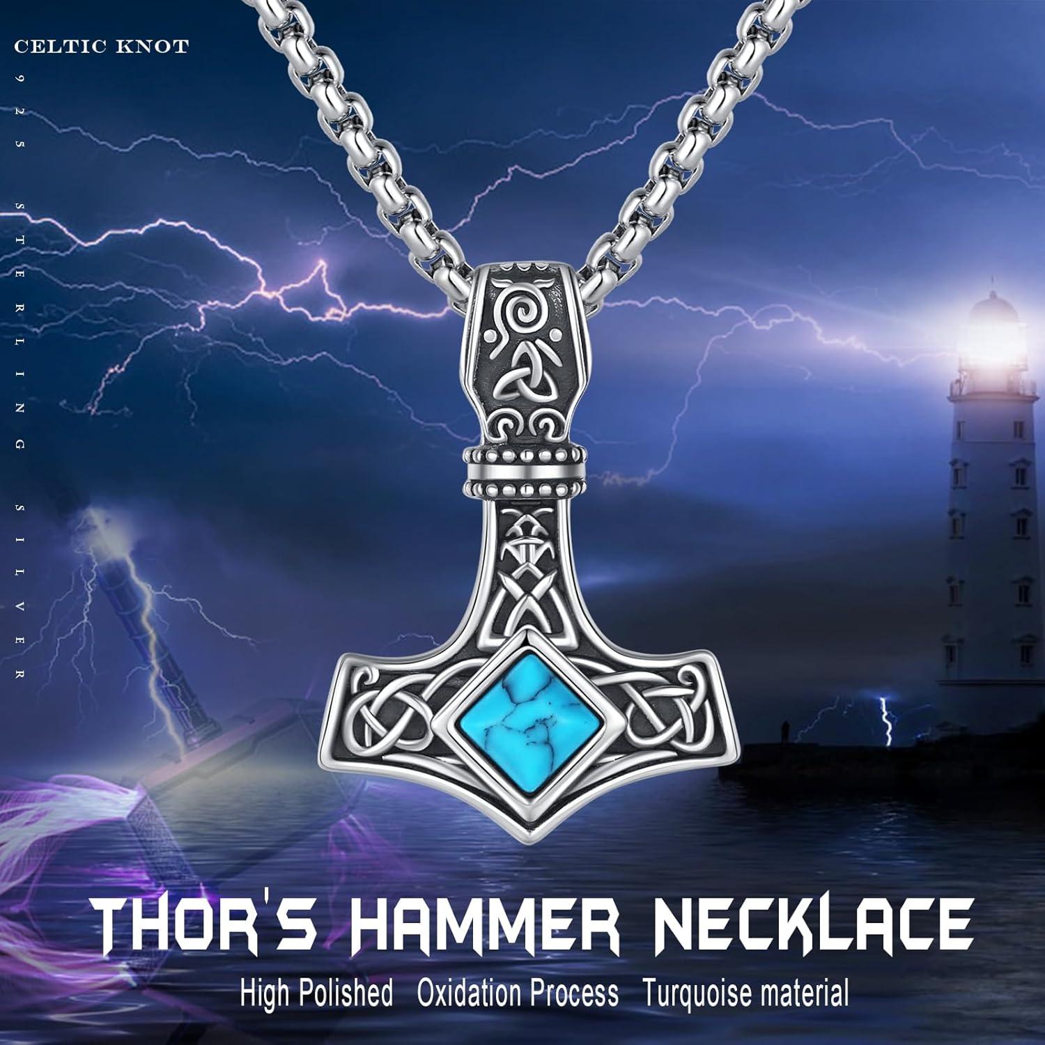 Collar Mjolnir Thor Plata Esterlina 925 con Turquesa 27.5x20mm