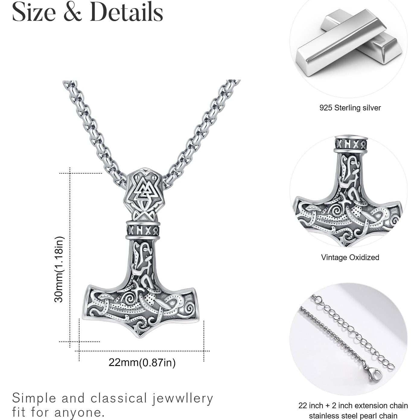 Collar Vikingo de Plata Esterlina 925 con Martillo de Thor