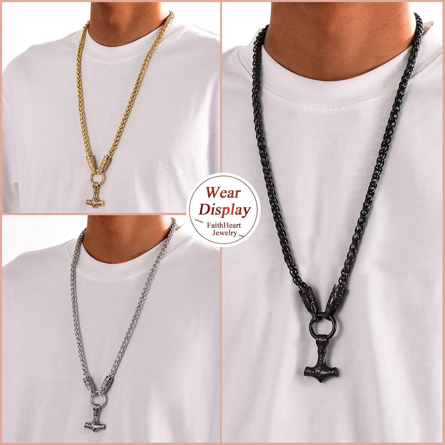 Collar Vikingos FaithHeart con Colgante Mjolnir y Cabeza de Lobo