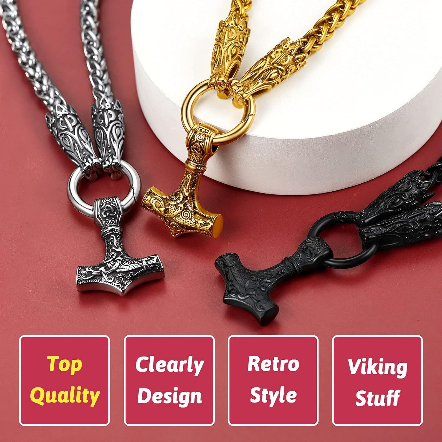 Collar Vikingos FaithHeart con Colgante Mjolnir y Cabeza de Lobo