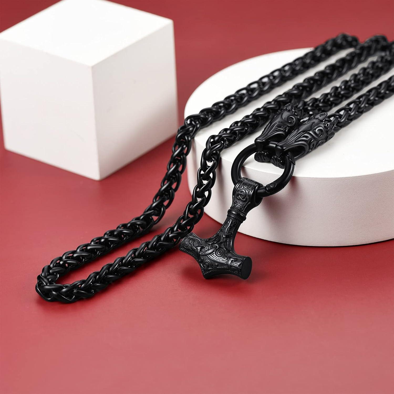 Collar Vikingos FaithHeart con Colgante Mjolnir y Cabeza de Lobo