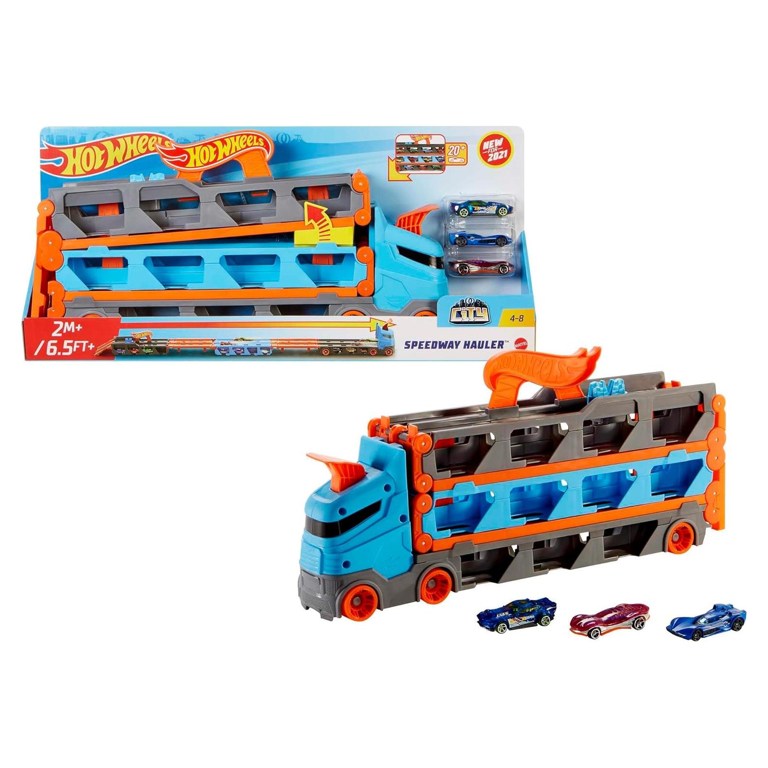 Transportador Hot Wheels HGH33 con 3 Coches y Pista 1.8m