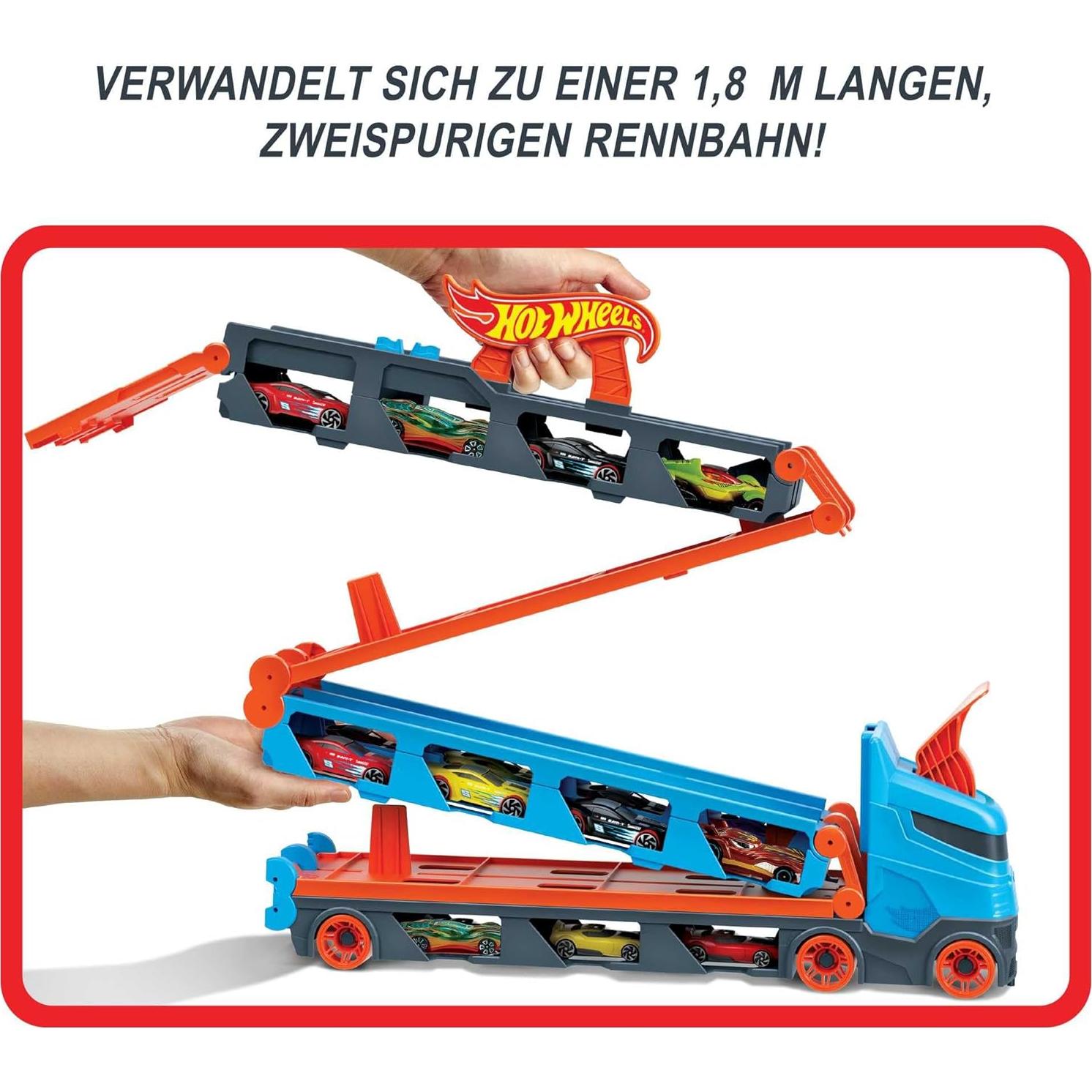 Transportador Hot Wheels HGH33 con 3 Coches y Pista 1.8m