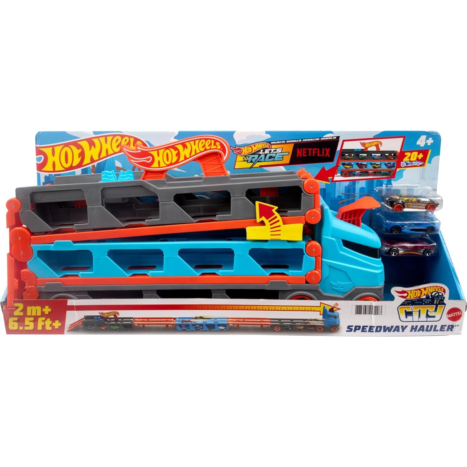 Transportador Hot Wheels HGH33 con 3 Coches y Pista 1.8m
