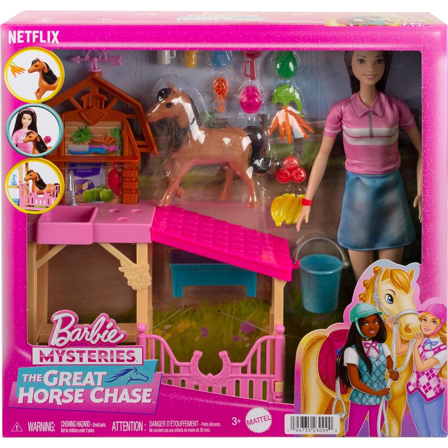 Juego de Establo Barbie con Muñeca Renee y Pony 10 Accesorios