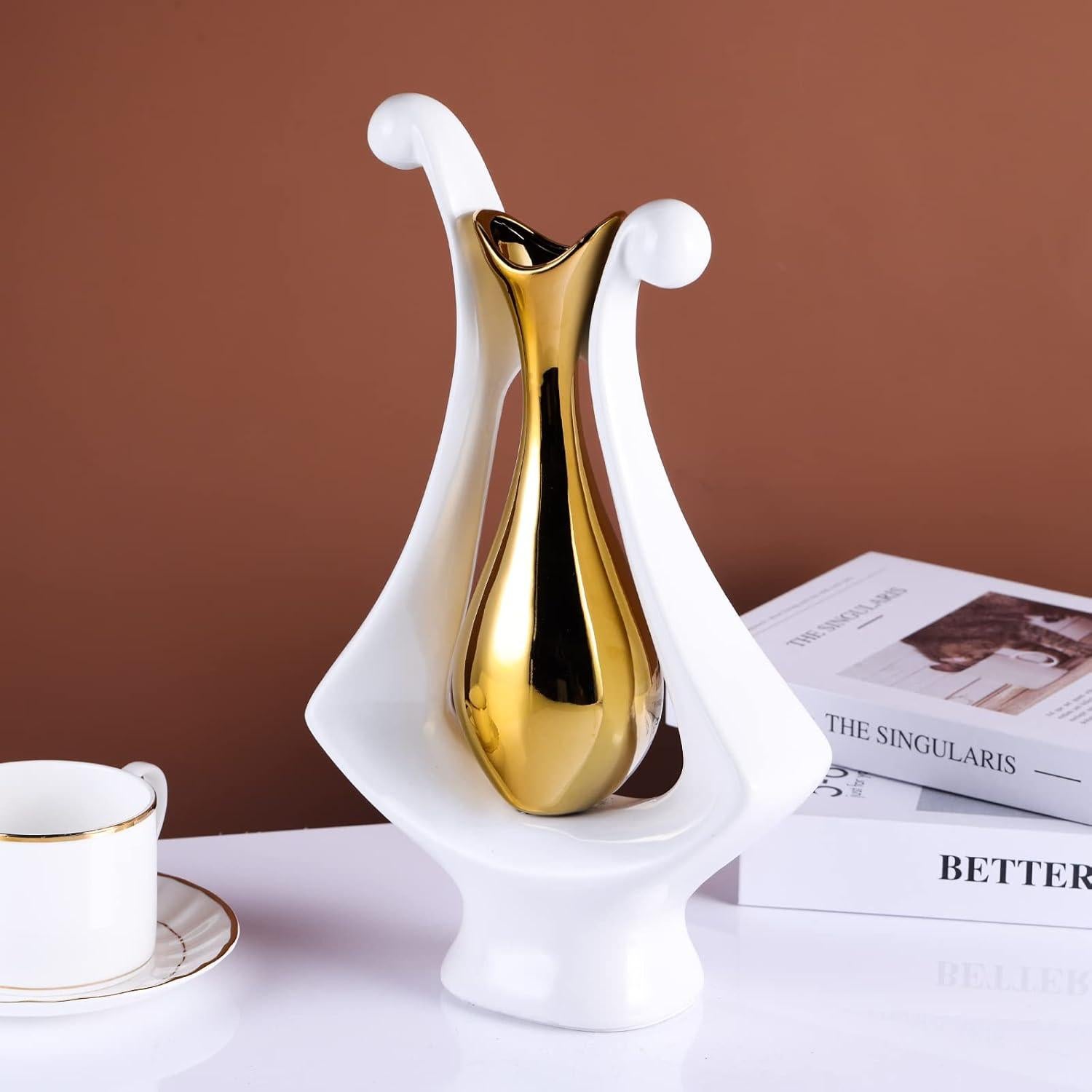 Jarrón de Cerámica Blanco y Oro XMGZQ Estilo Art Deco 1.07kg