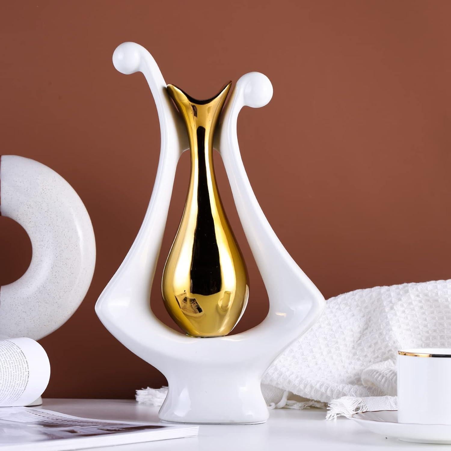 Jarrón de Cerámica Blanco y Oro XMGZQ Estilo Art Deco 1.07kg