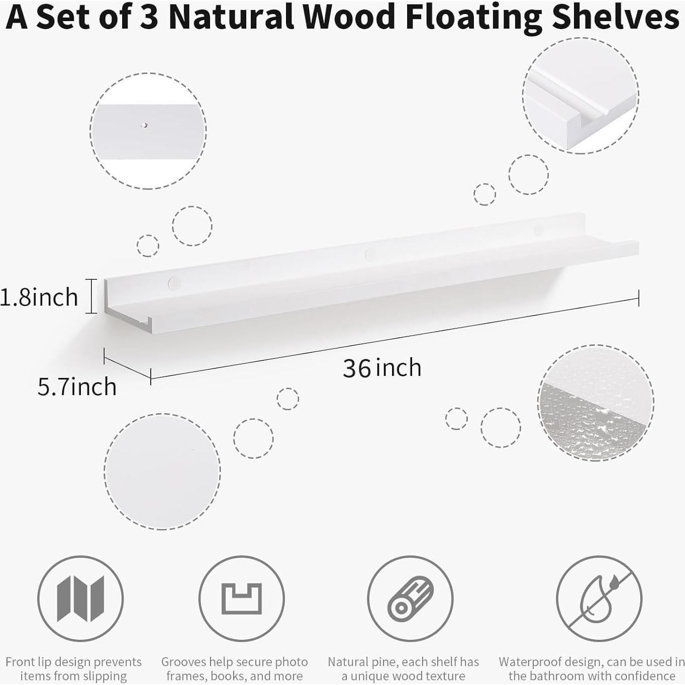 Estantes Flotantes de Madera AZSKY Set de 3 91.44 cm Blancos