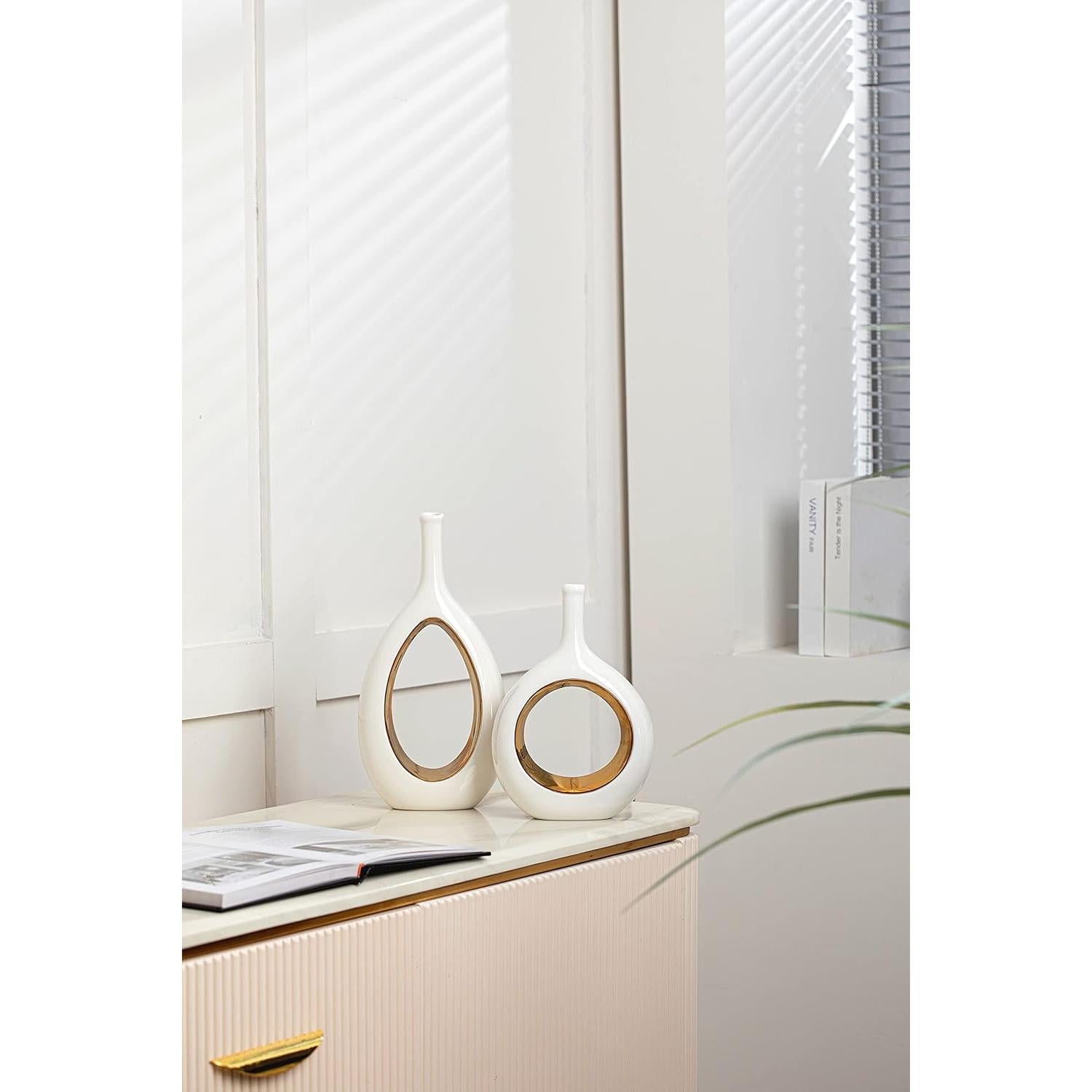 Jarrones Decorativos GaLouRo Cerámica Blanca y Dorada - Conjunto de 2