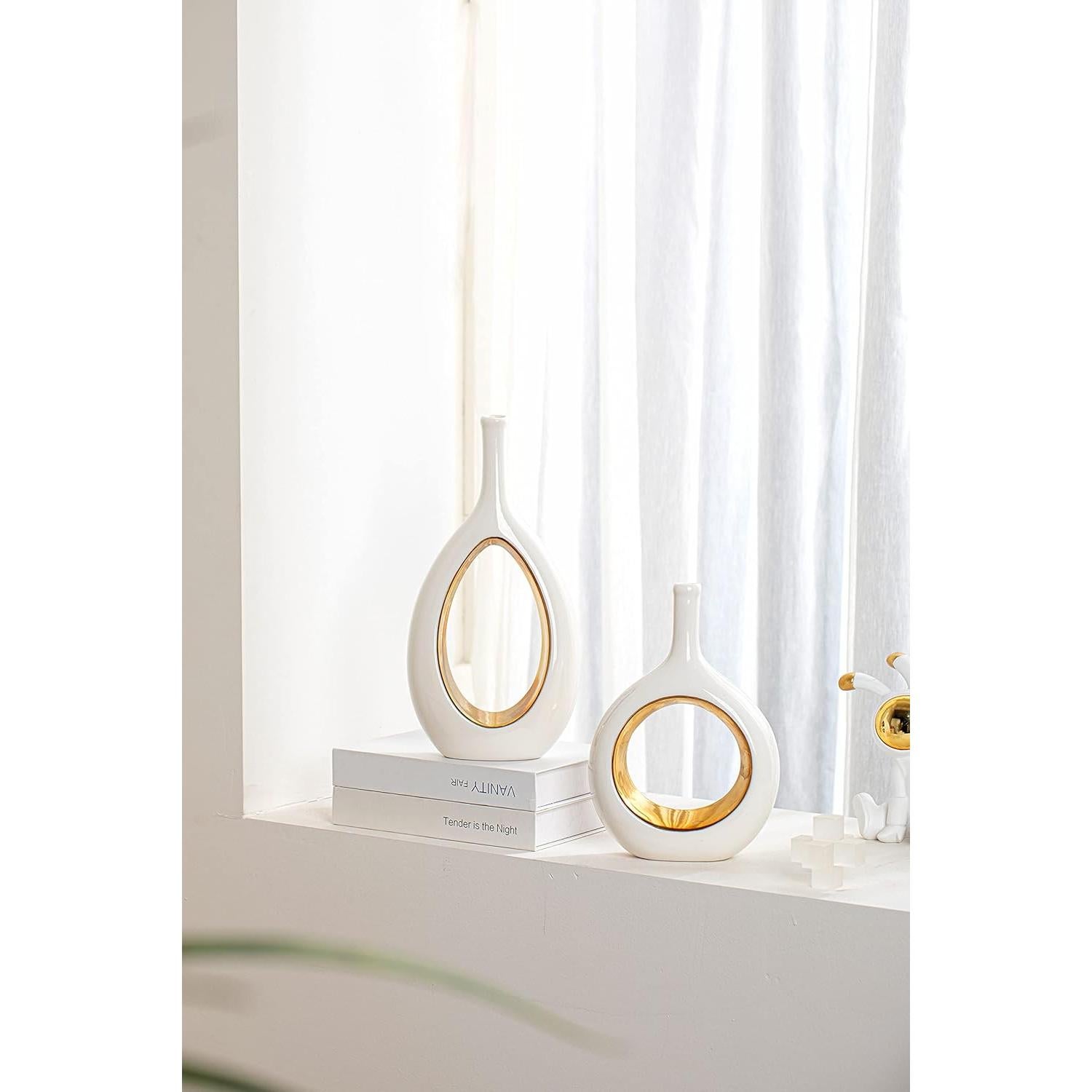 Jarrones Decorativos GaLouRo Cerámica Blanca y Dorada - Conjunto de 2