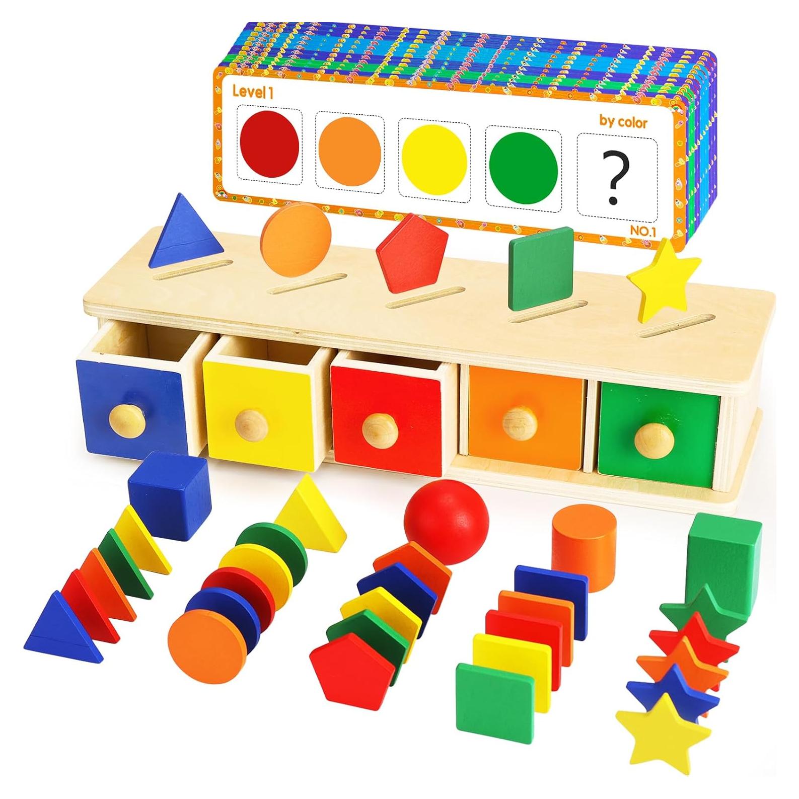 Montessori Toys Wooden Color & Shape Sorter Toys for Toddlers 1-3, Matching Box Sorting Blocks Manipulatives Preschool Learning Educational Toy for 1 2 3 4 Year Old Boy Girl Kid Gifts