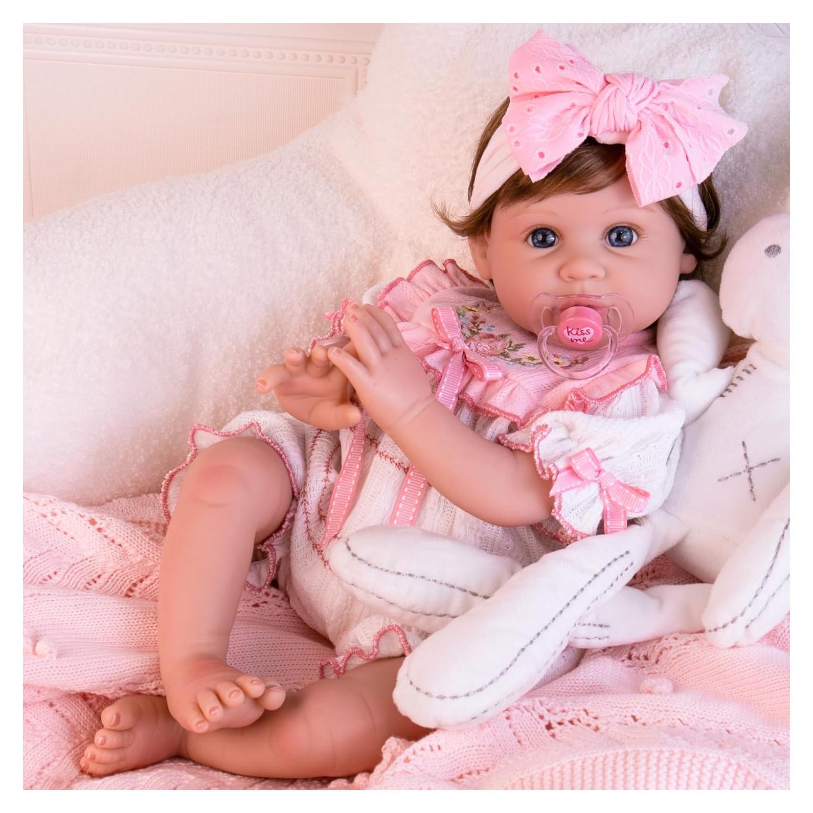 Muñeca Reborn Aori 55.88 cm Rosa con Chupete y Certificado