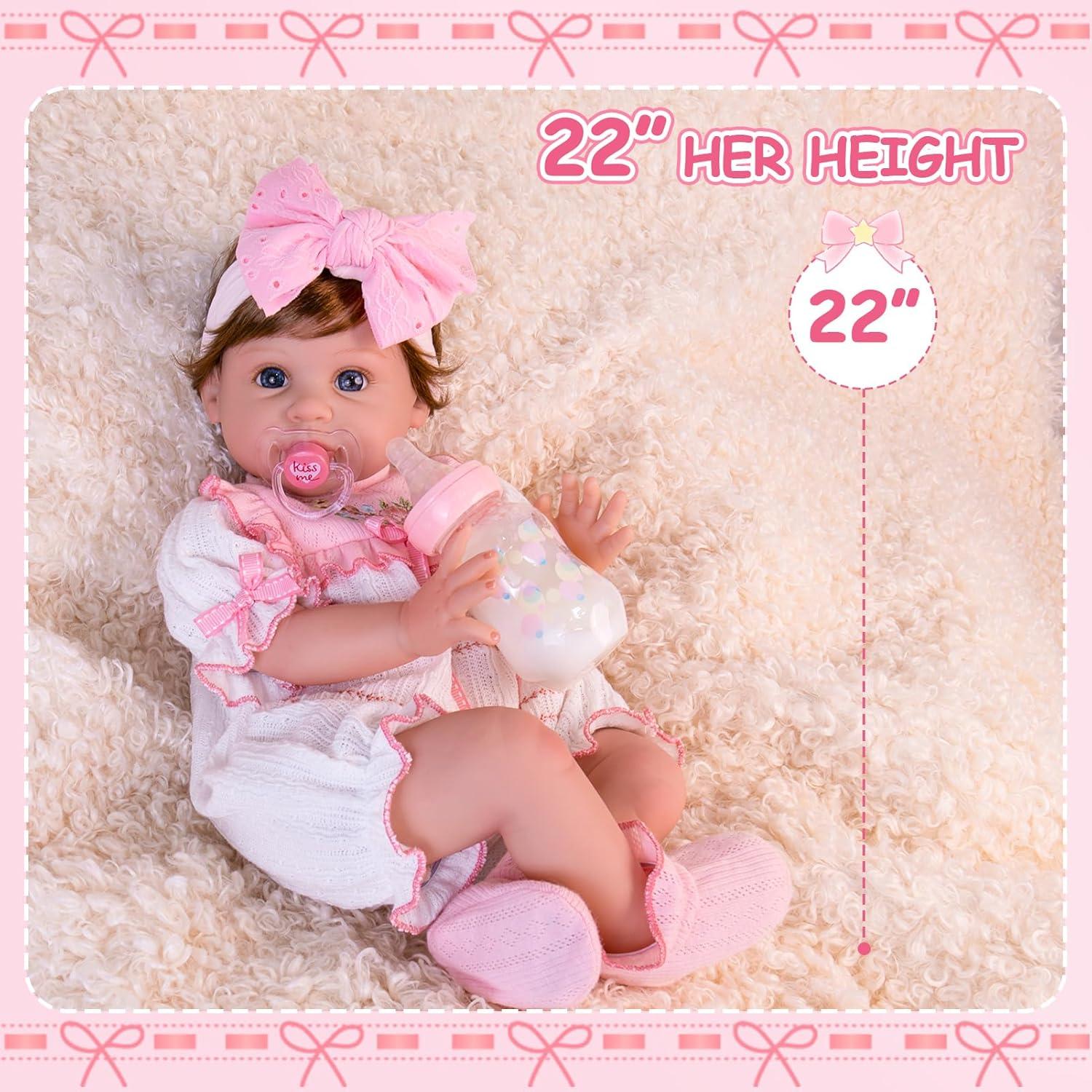 Muñeca Reborn Aori 55.88 cm Rosa con Chupete y Certificado