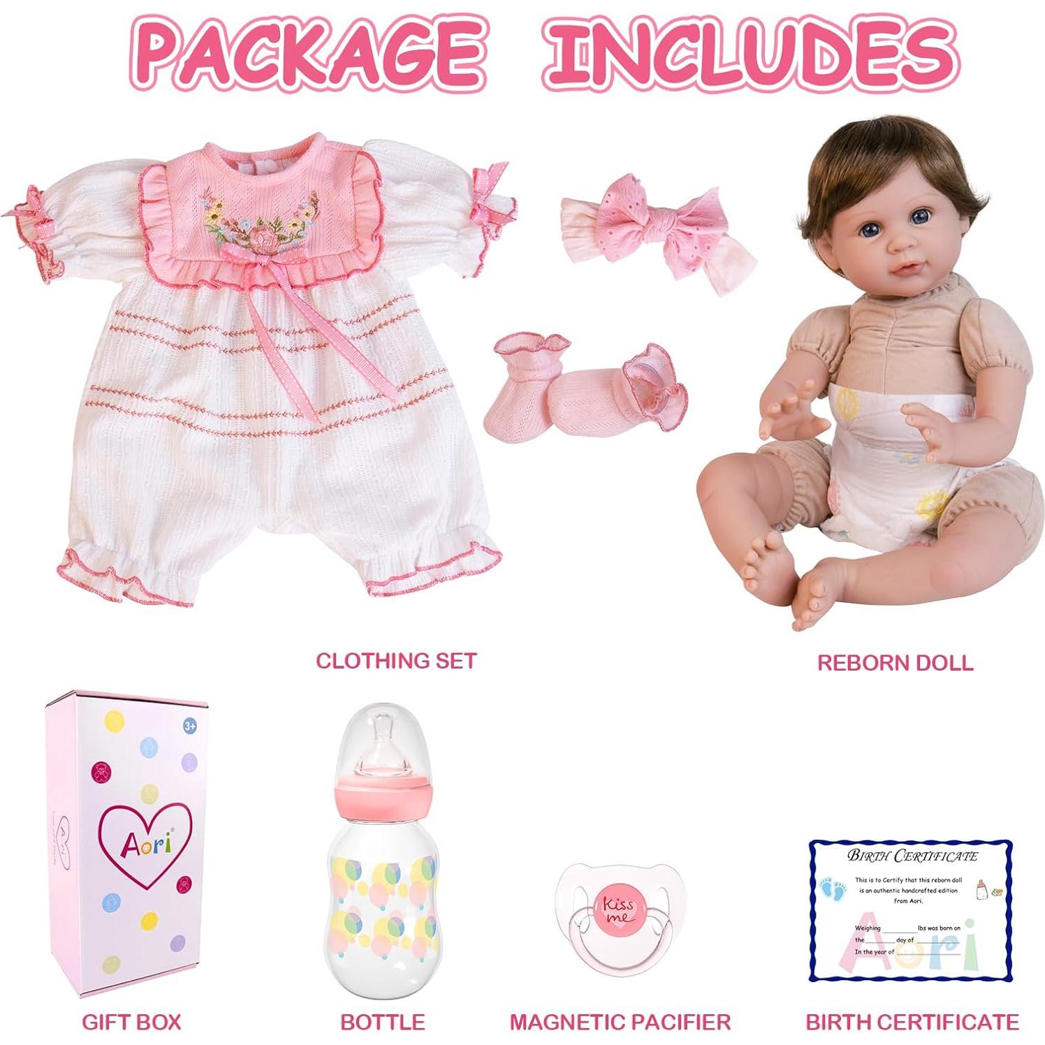 Muñeca Reborn Aori 55.88 cm Rosa con Chupete y Certificado