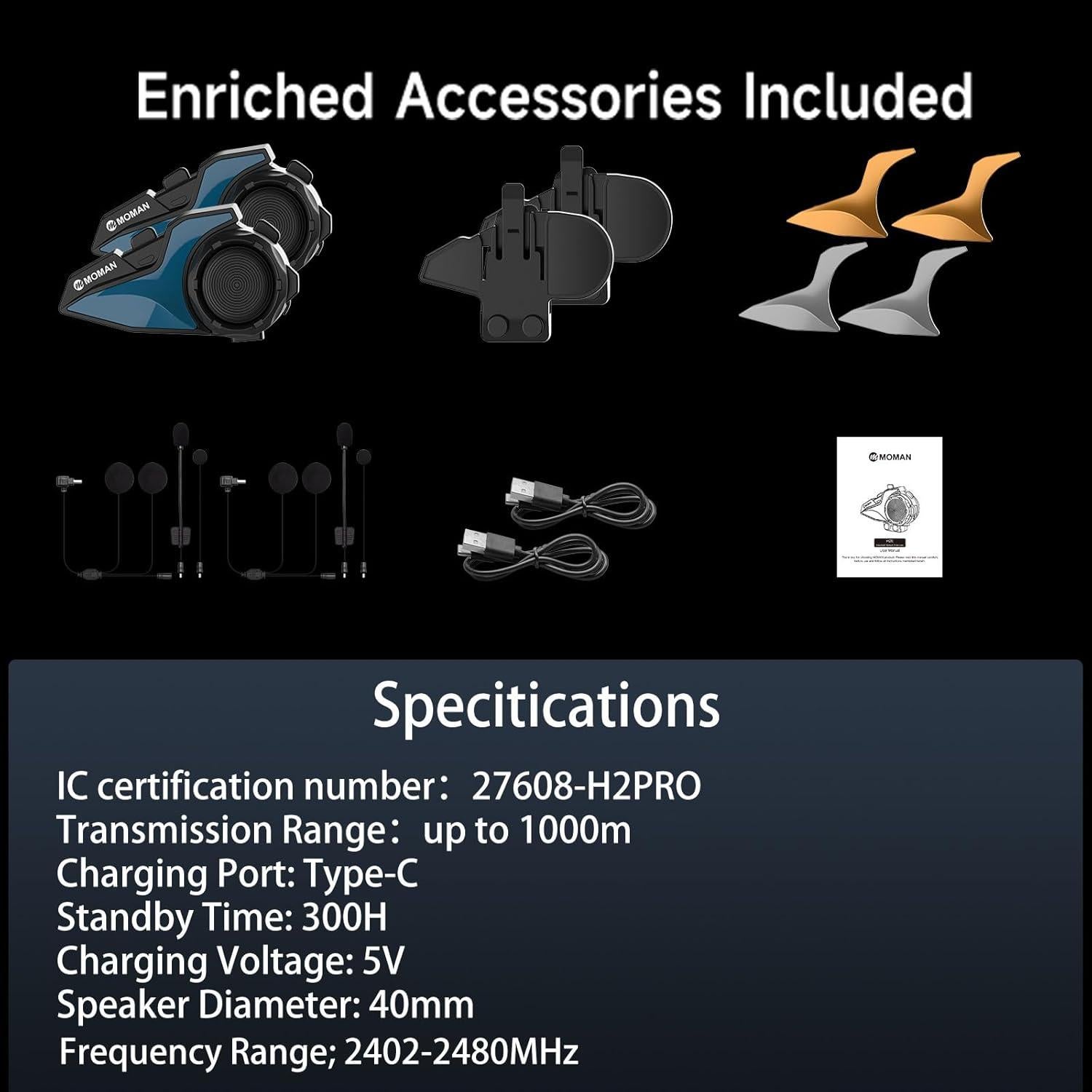 Intercomunicador Moman H2E para Motocicleta, Doble Chip, 25h