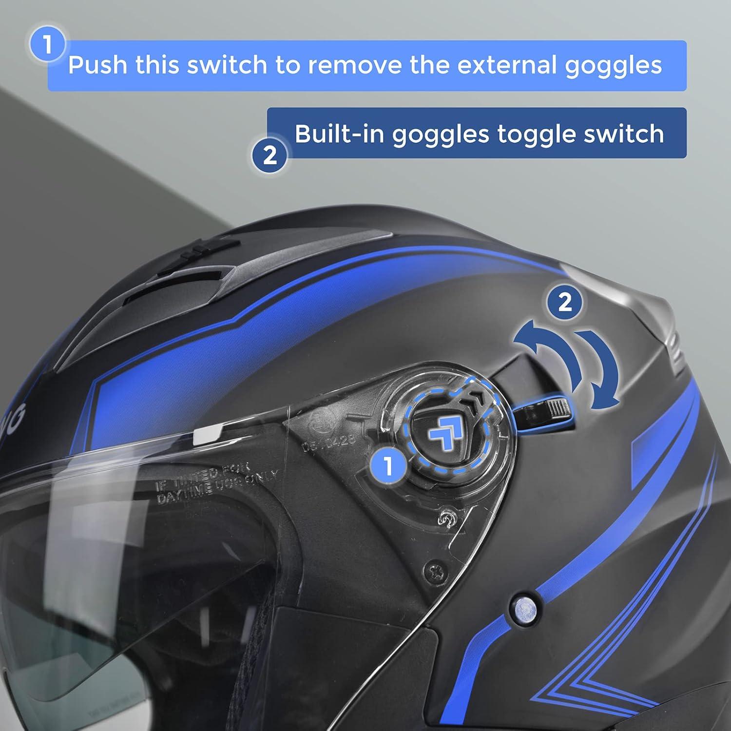 Casco Abierto SanQing Grande Azul con Doble Visor y Certificación DOT