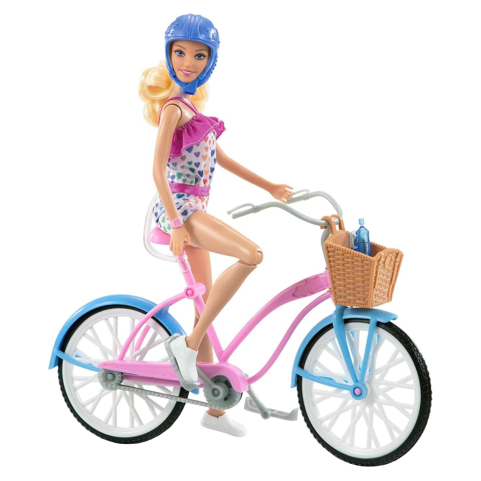 Muñeca Barbie con Bicicleta Rosa y Azul + Accesorios
