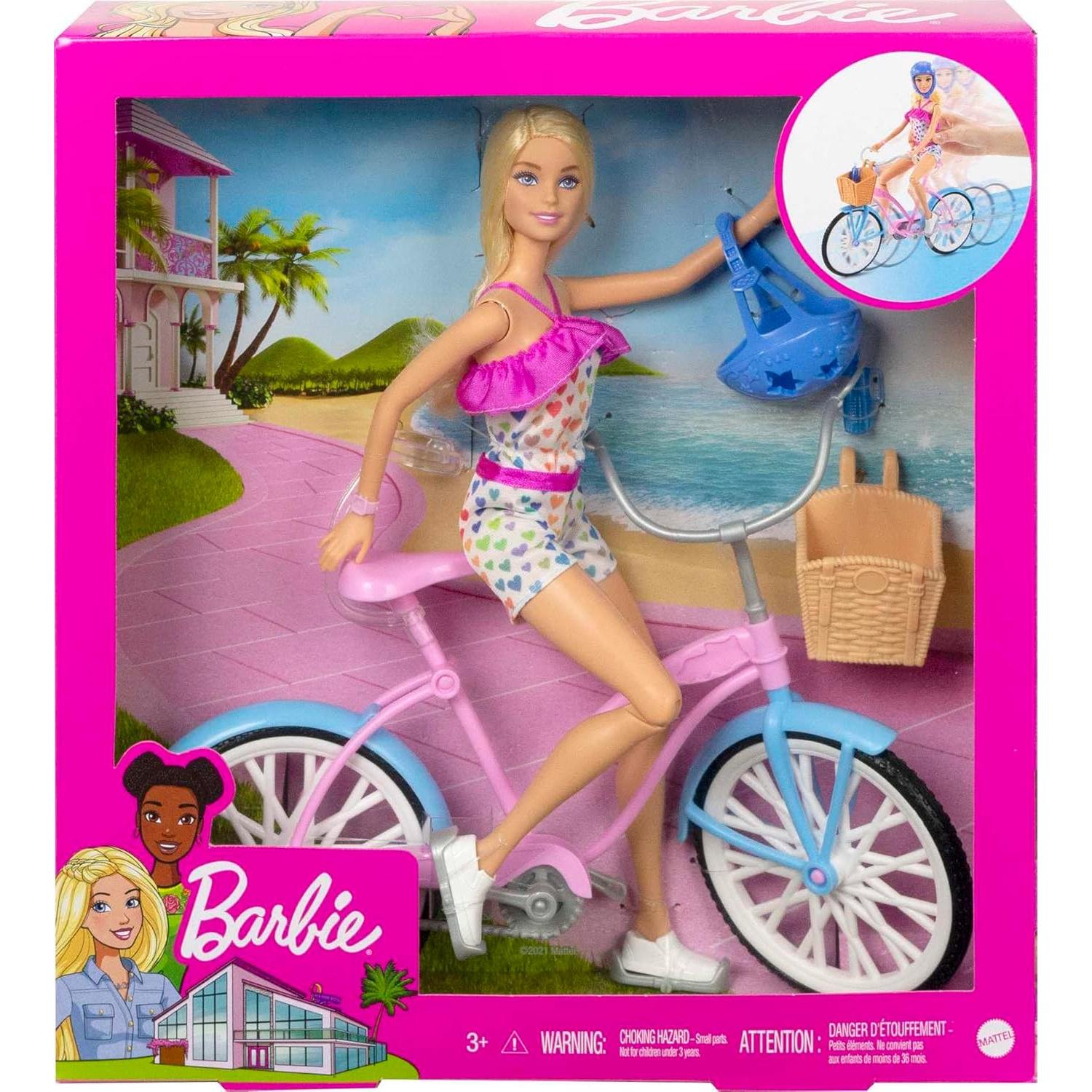 Muñeca Barbie con Bicicleta Rosa y Azul + Accesorios
