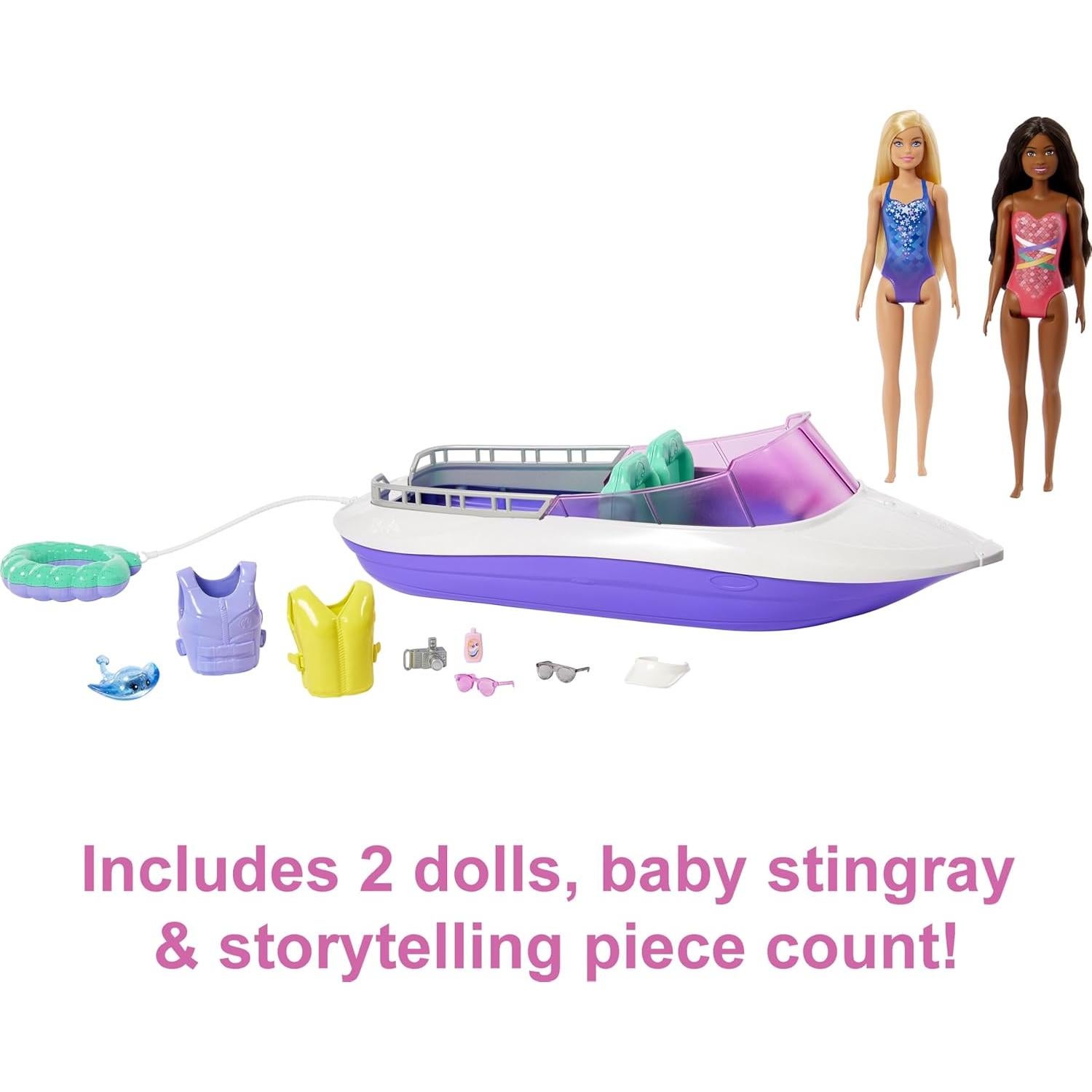 Mermaid Power Dolls & Toy Boat Playset, "Malibu" & "Brooklyn" in 18-in Floating Boat with See-Through Bottom & Accessories