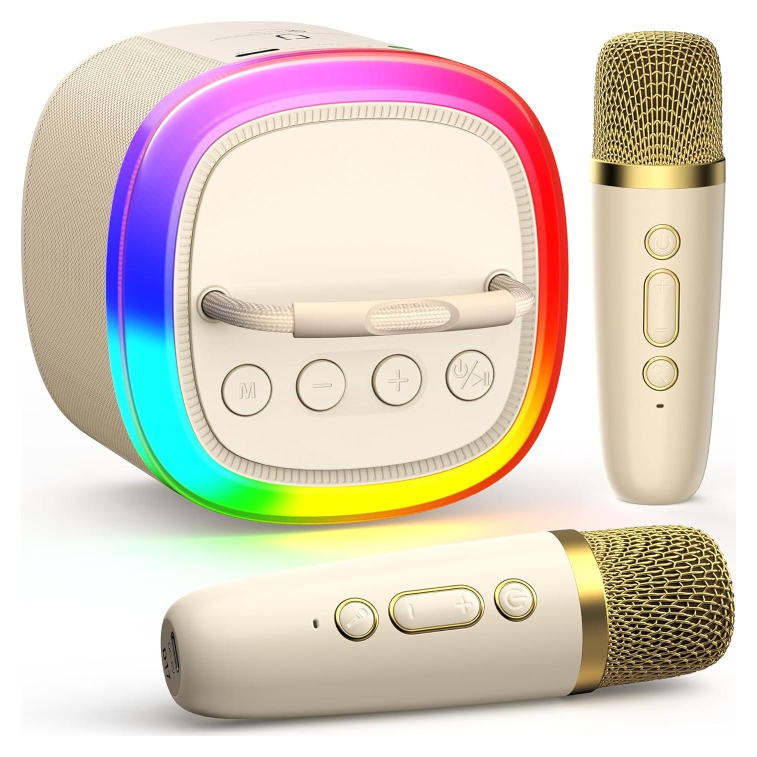 Mini máquina de karaoke HWWR con 2 micrófonos y luces