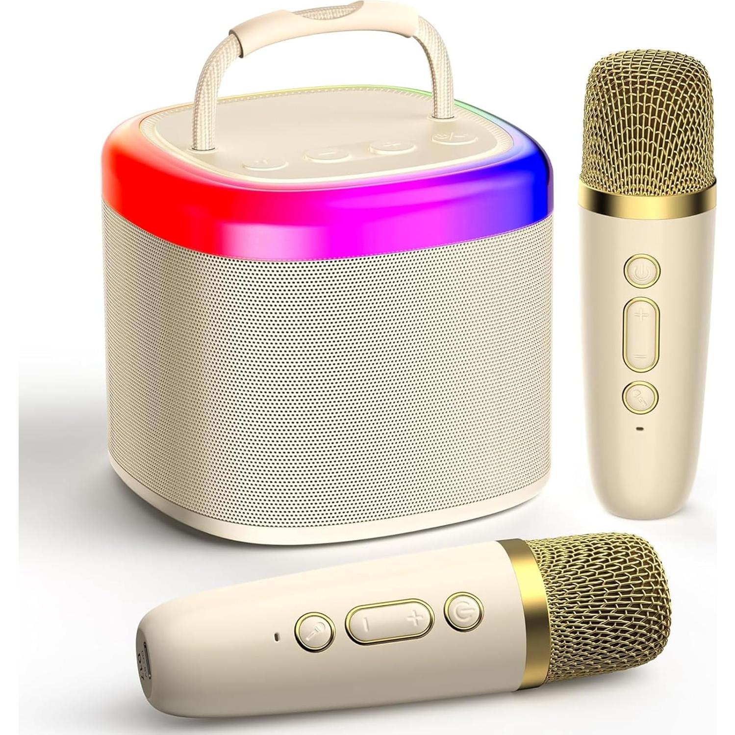 Mini máquina de karaoke HWWR con 2 micrófonos y luces