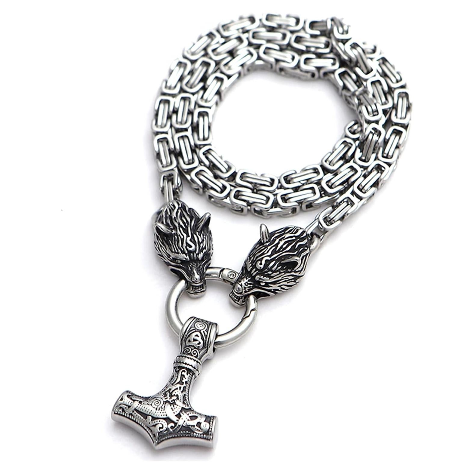 Collar Vikingo de Acero Inoxidable Thor Mjolnir con Lobo 60.96 cm