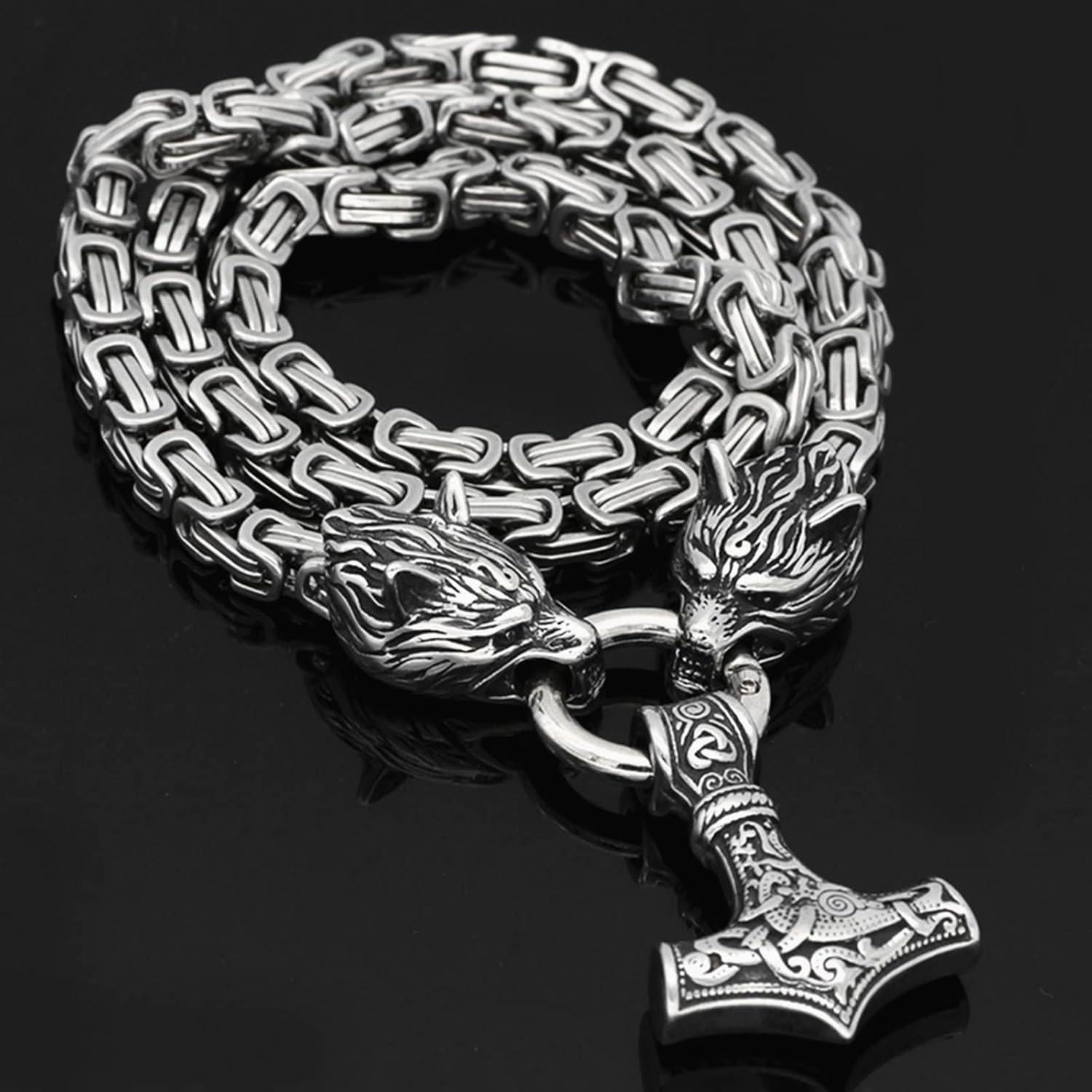 Collar Vikingo de Acero Inoxidable Thor Mjolnir con Lobo 60.96 cm