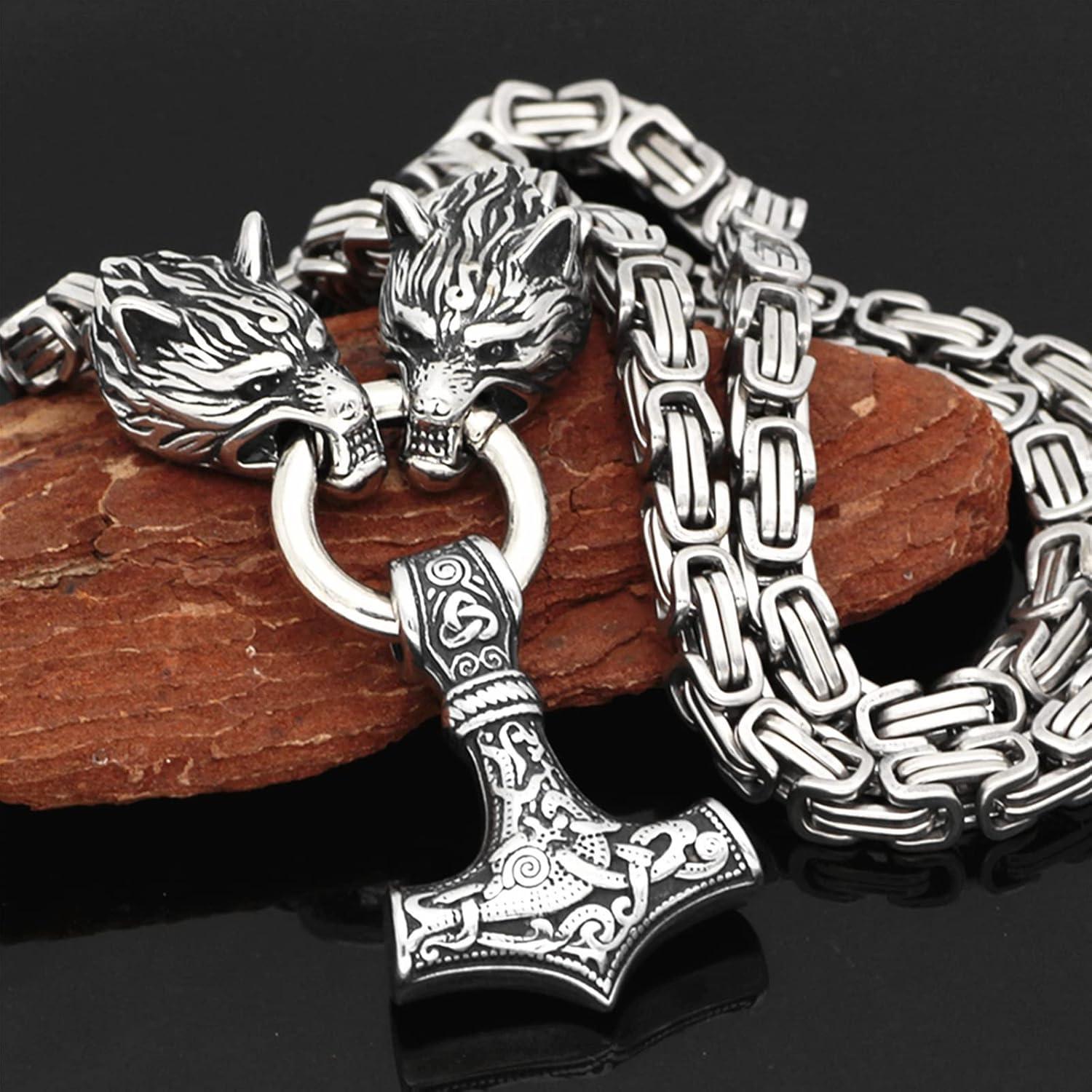 Collar Vikingo de Acero Inoxidable Thor Mjolnir con Lobo 60.96 cm