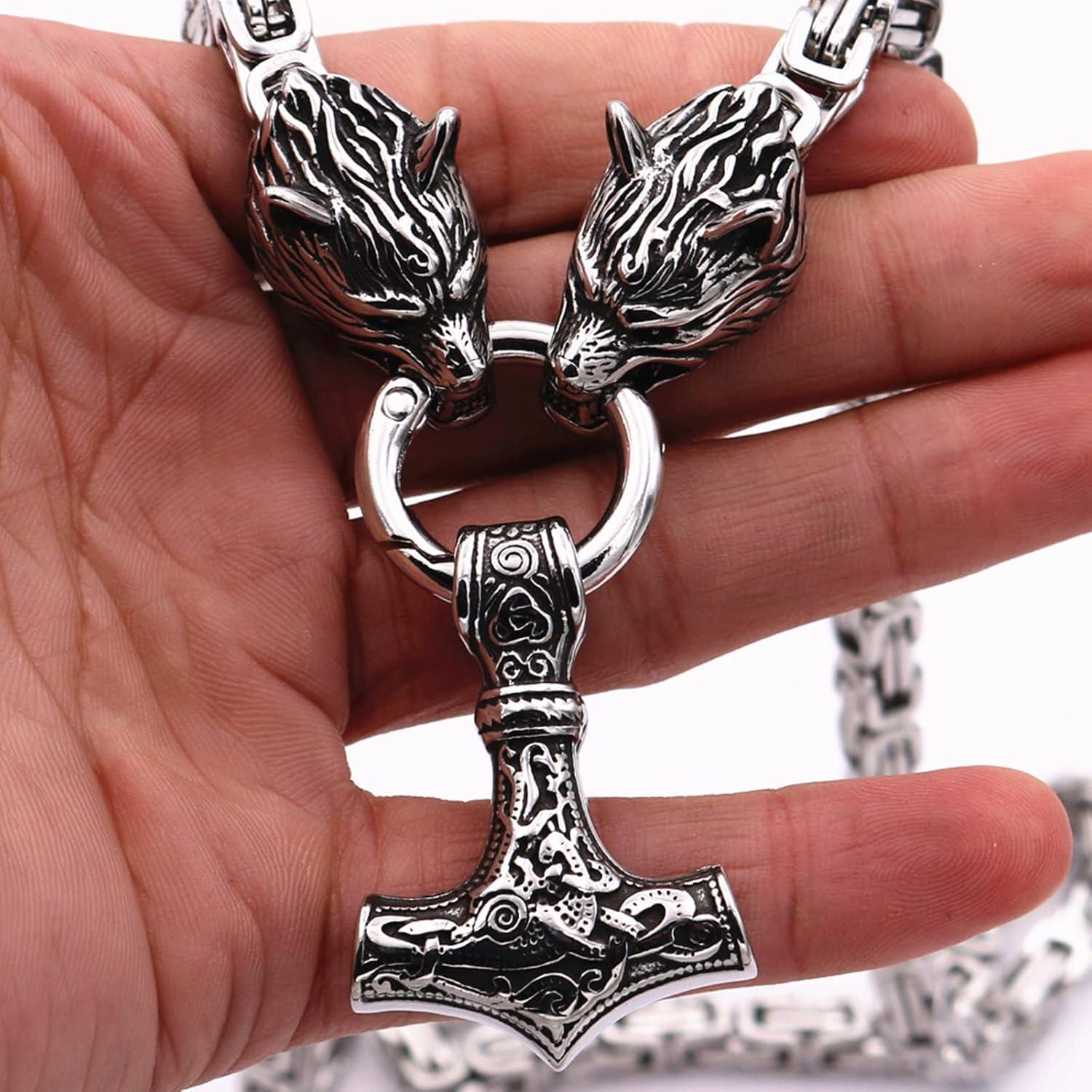 Collar Vikingo de Acero Inoxidable Thor Mjolnir con Lobo 60.96 cm