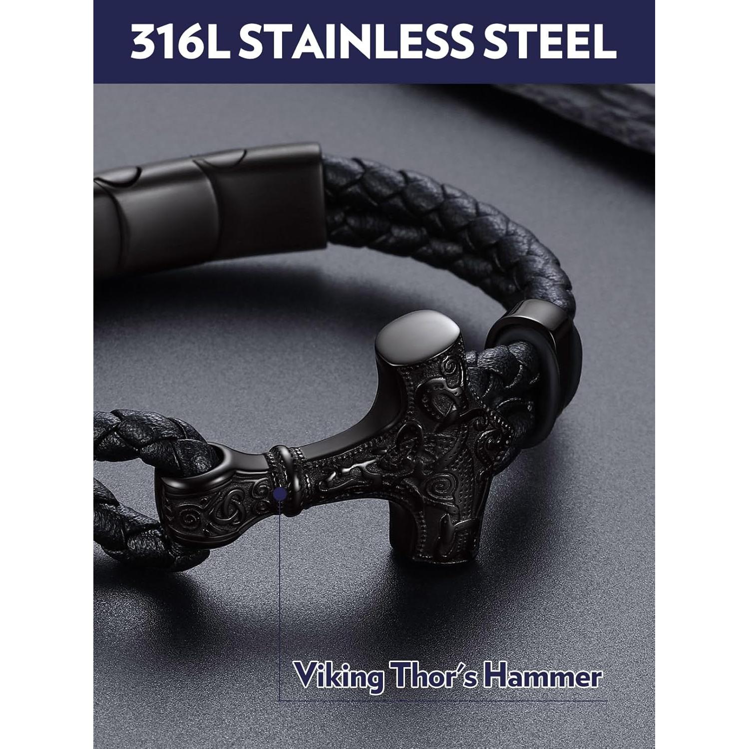 Pulsera de Cuero Trenzado Negra Bandmax con Colgante Thor