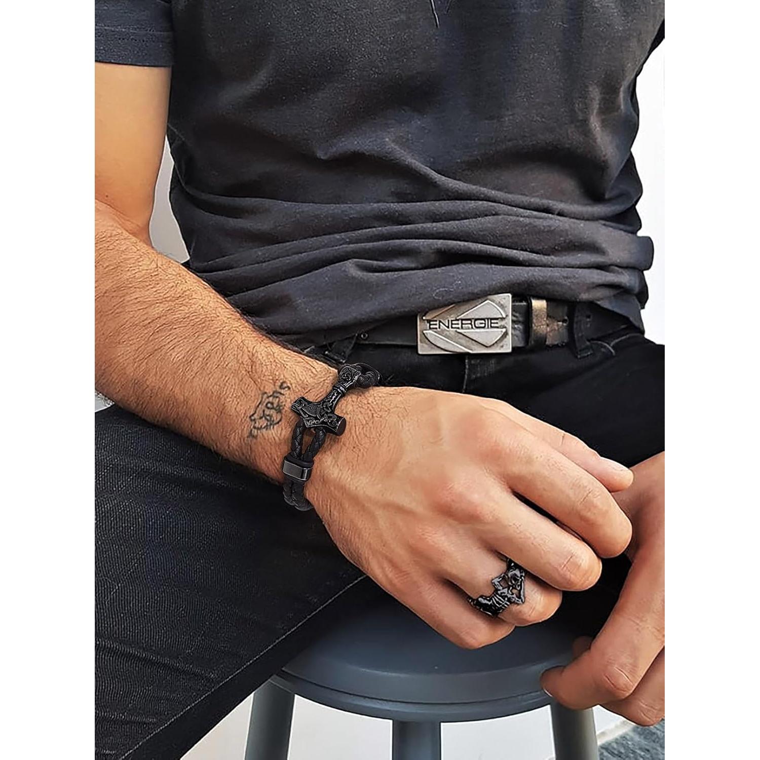 Pulsera de Cuero Trenzado Negra Bandmax con Colgante Thor