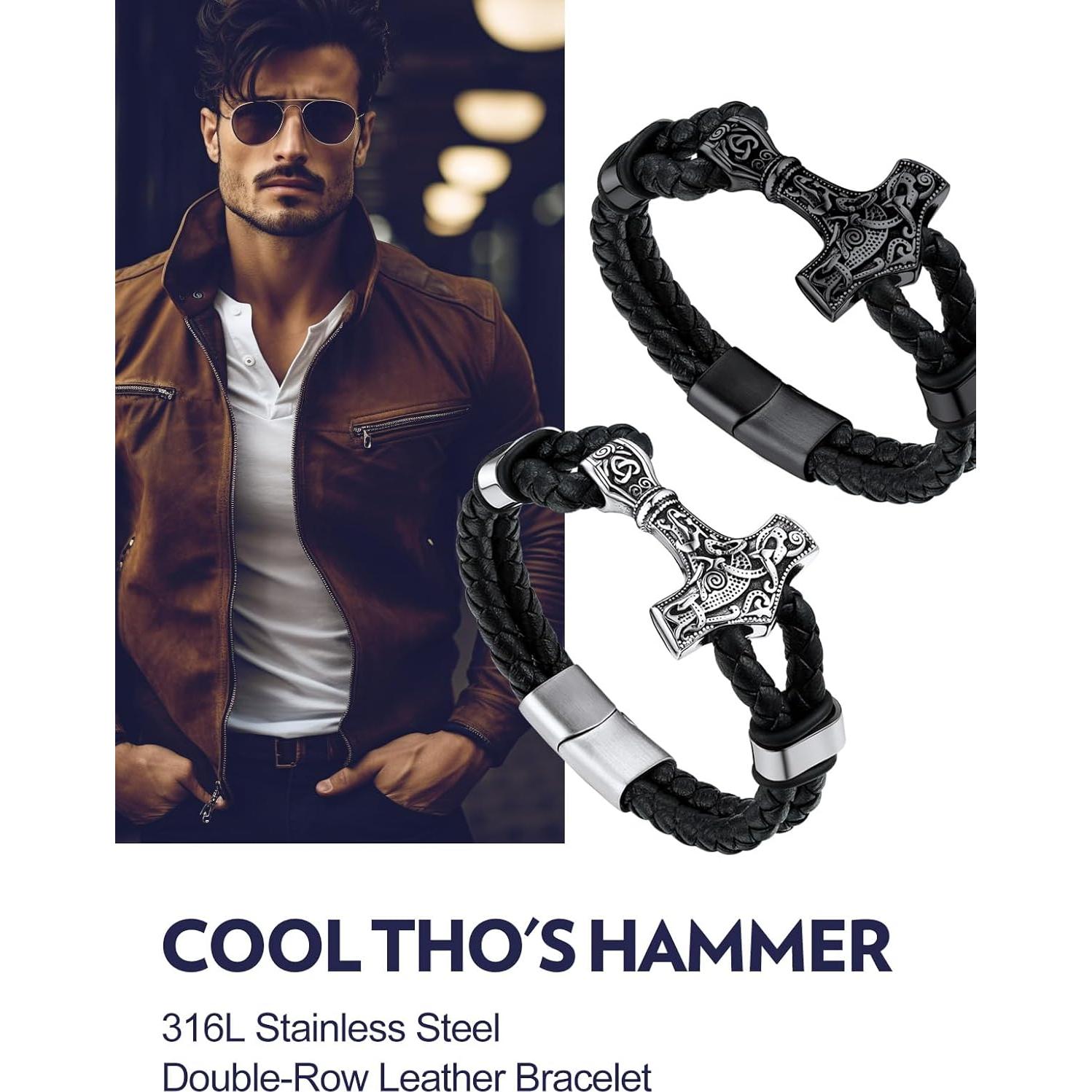 Pulsera de Cuero Trenzado Negra Bandmax con Colgante Thor