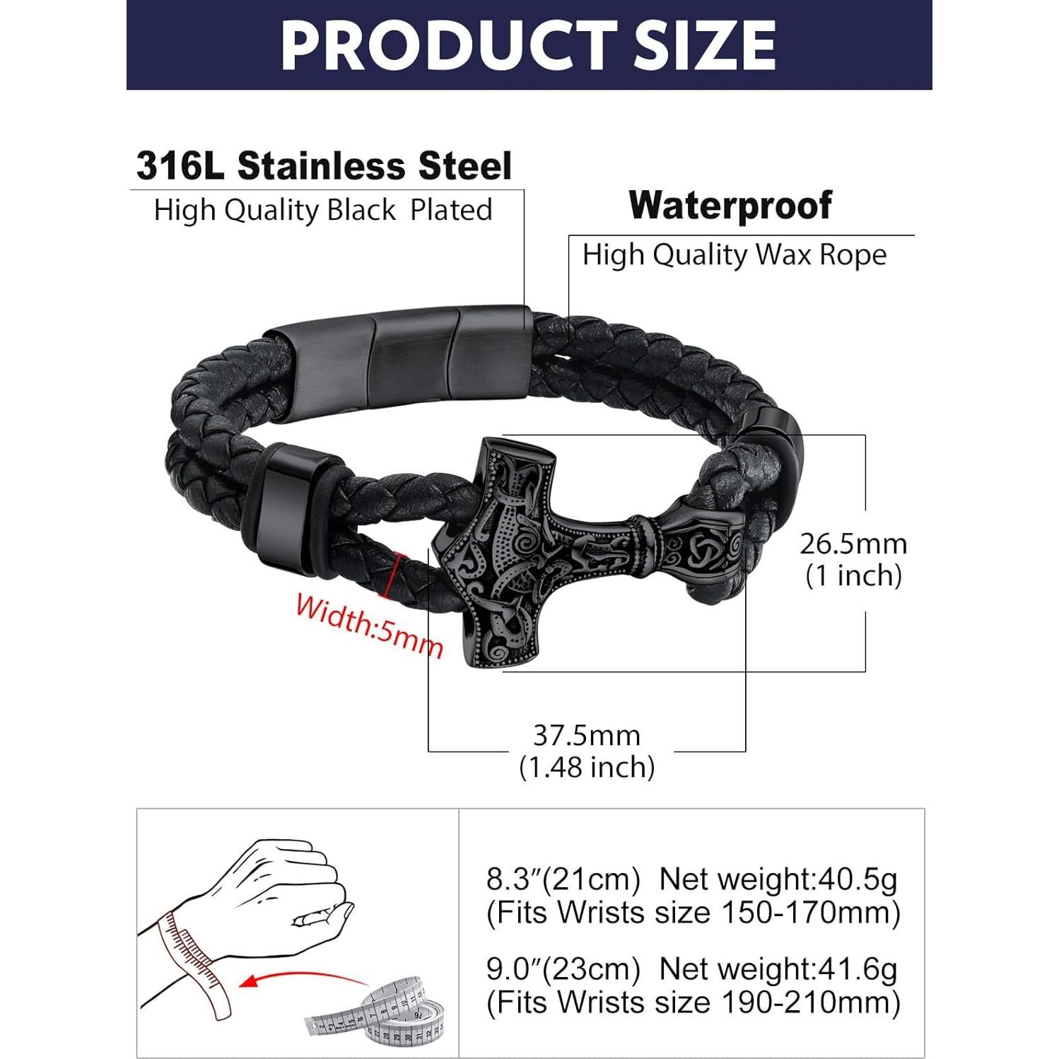 Pulsera de Cuero Trenzado Negra Bandmax con Colgante Thor