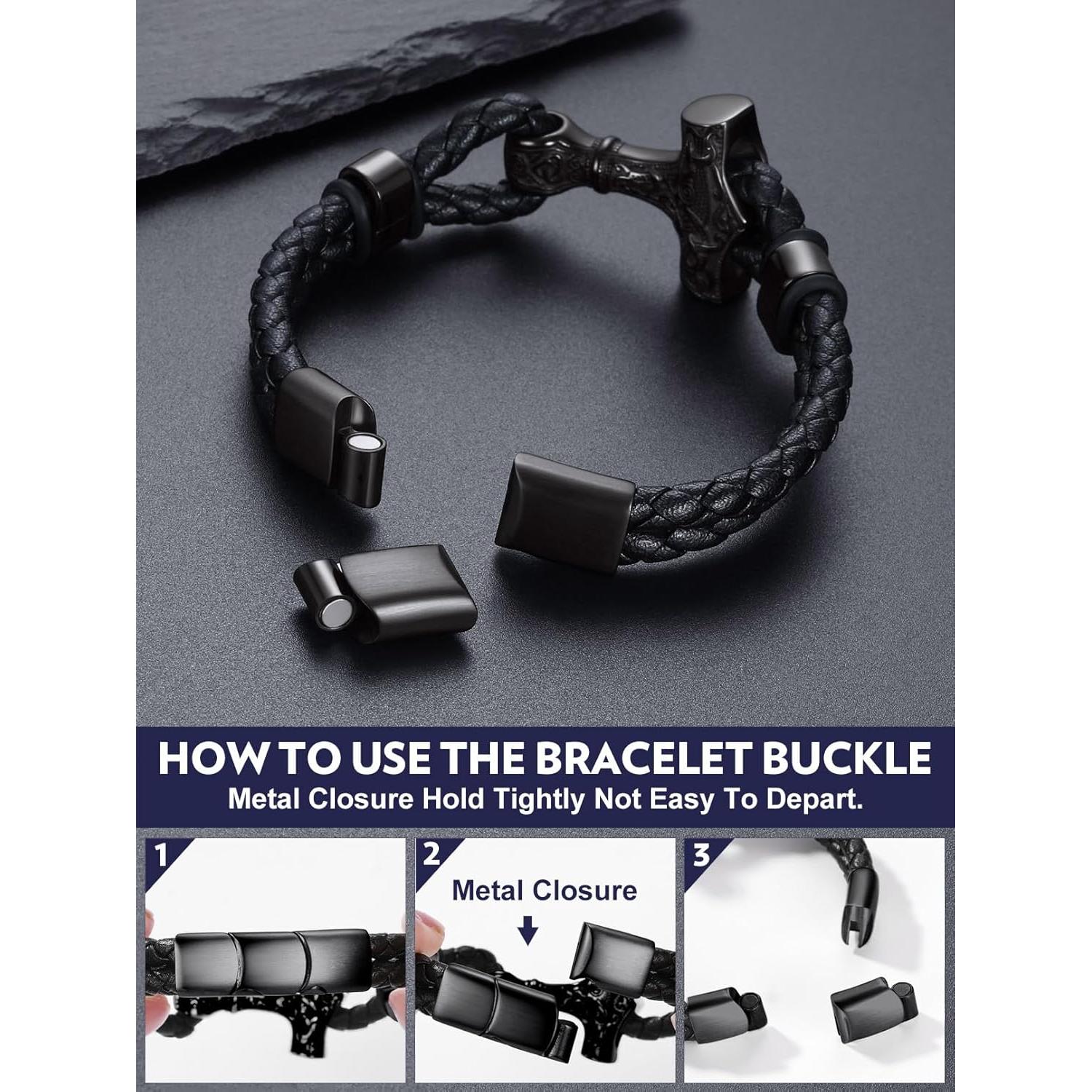 Pulsera de Cuero Trenzado Negra Bandmax con Colgante Thor