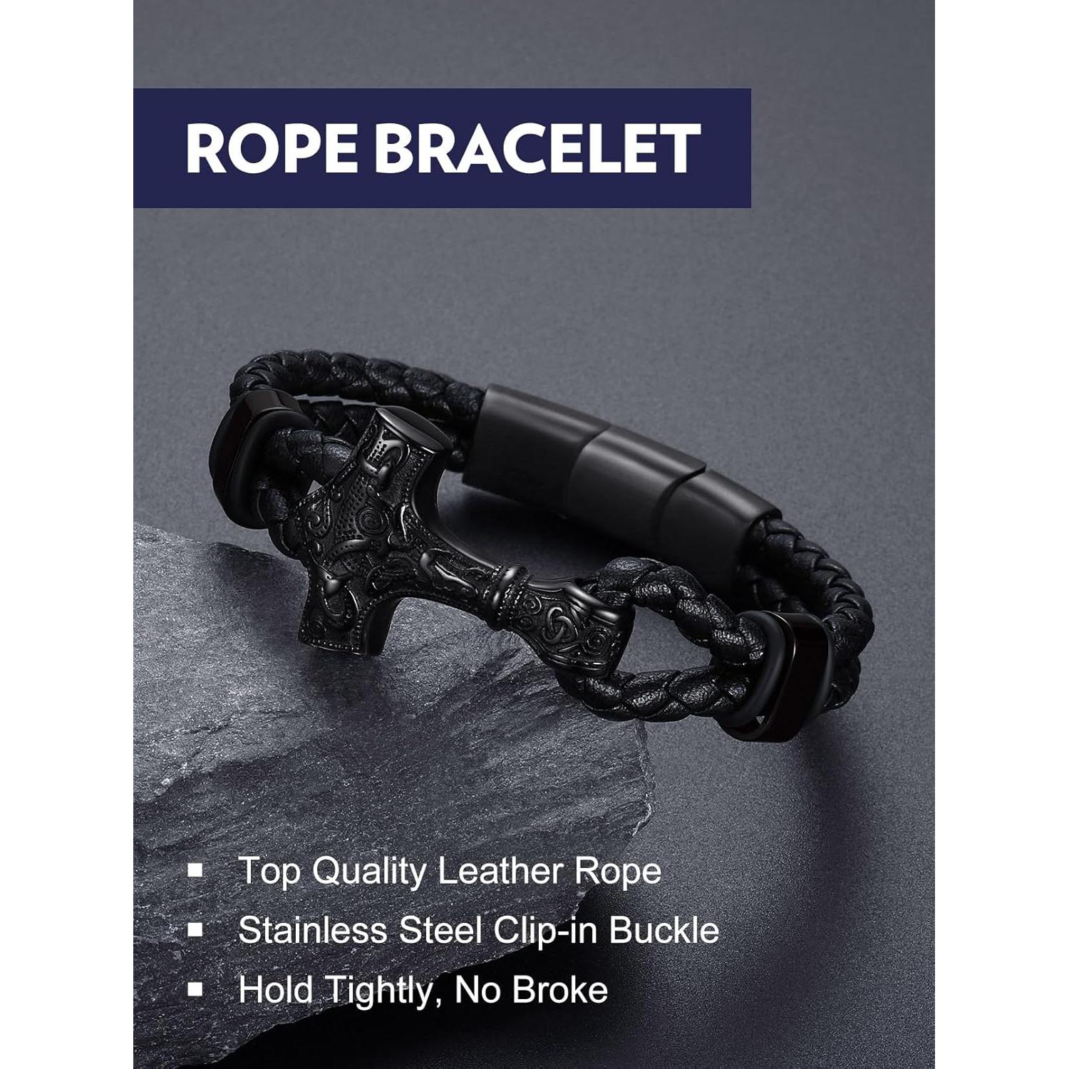 Pulsera de Cuero Trenzado Negra Bandmax con Colgante Thor