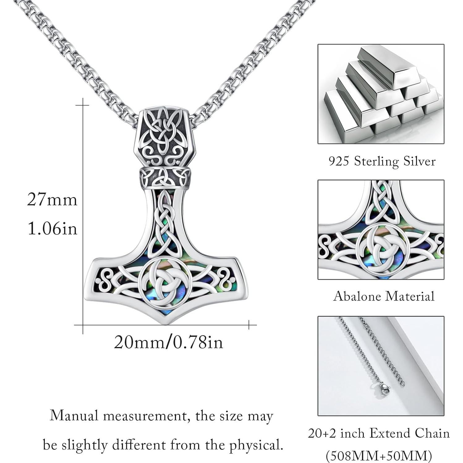 Collar Martillo de Thor Vikingo 925 Plata Esterlina con Cadena 55.88 cm