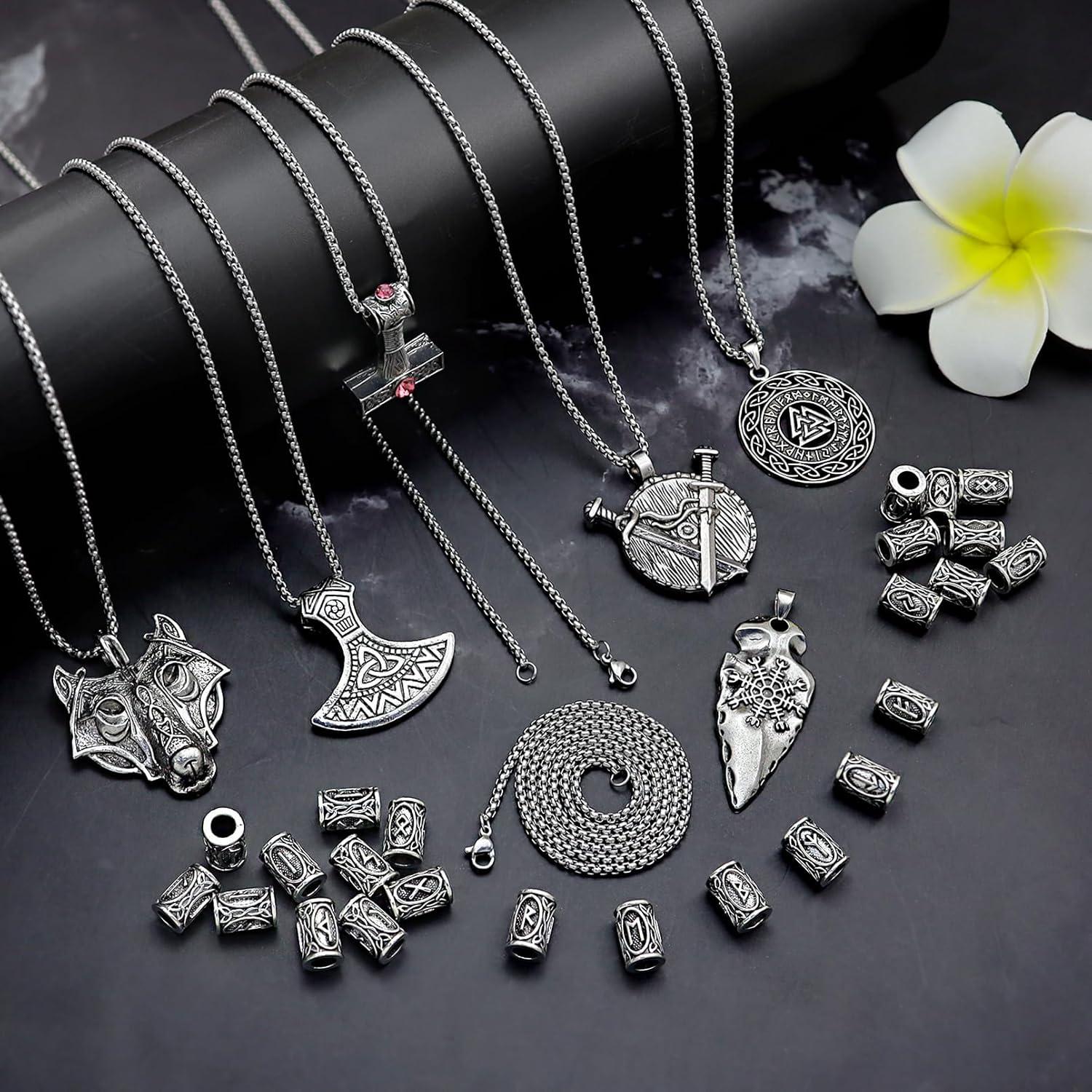 30 Piezas Collar Runas Vikingas Fscwlmon Amuleto Protección 60cm