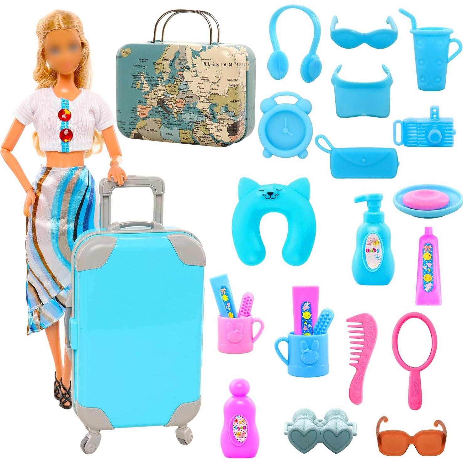 Ropa de Viaje para Muñecas Miunana 29 Piezas Maleta Azul