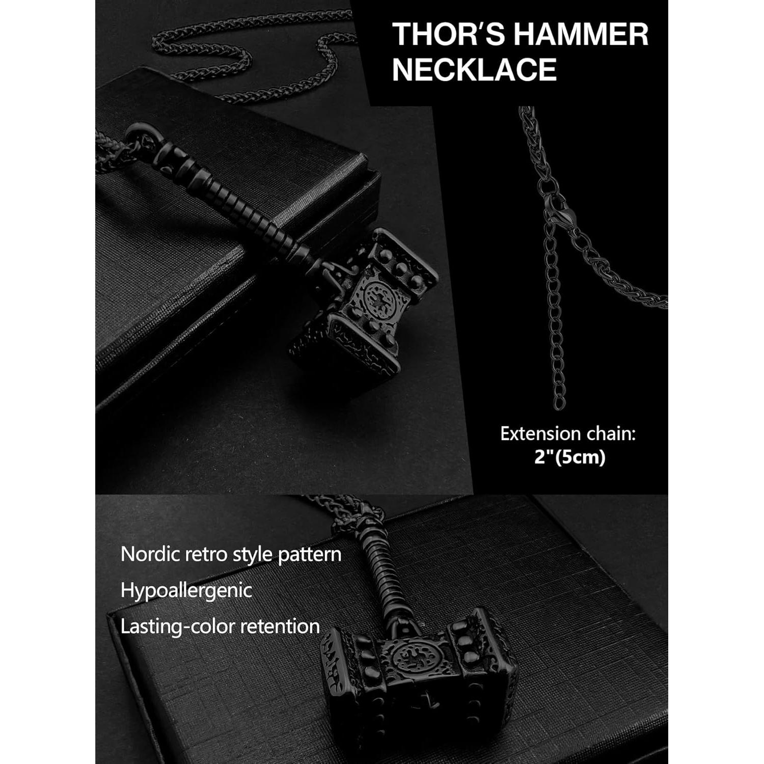 Collar de Martillo de Thor Oaldilee Joyería Acero Inoxidable Negro