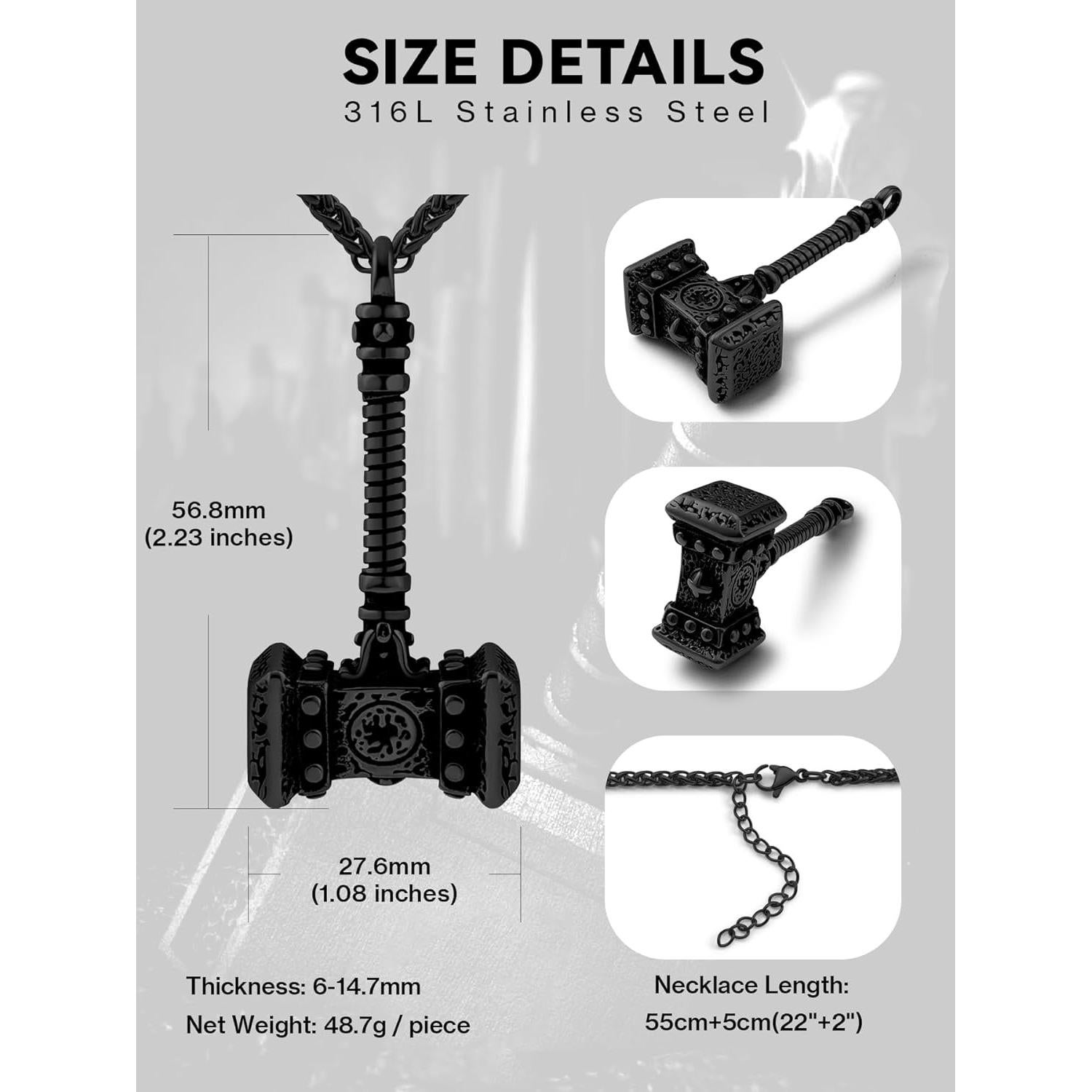 Collar de Martillo de Thor Oaldilee Joyería Acero Inoxidable Negro