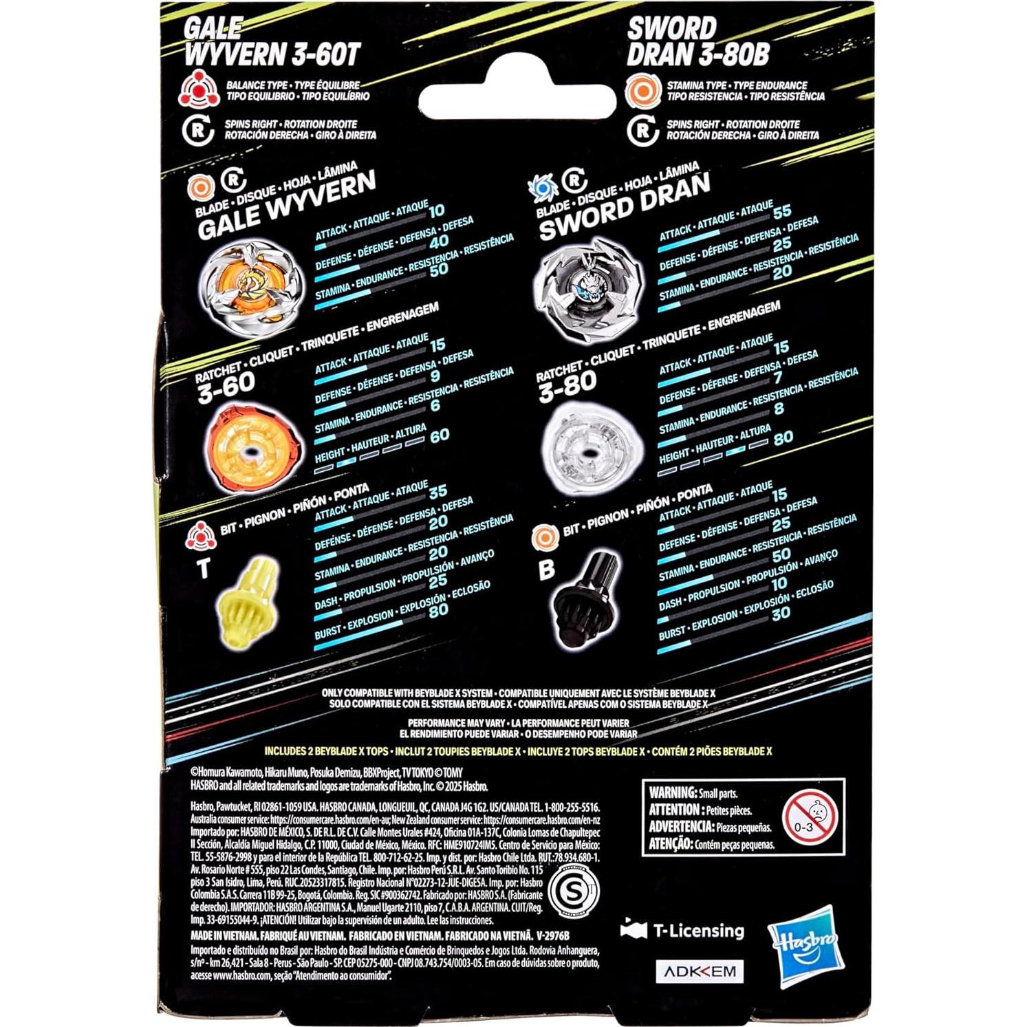 Set Doble Beyblade X Gale Wyvern 3-60T y Sword Dran 3-80B