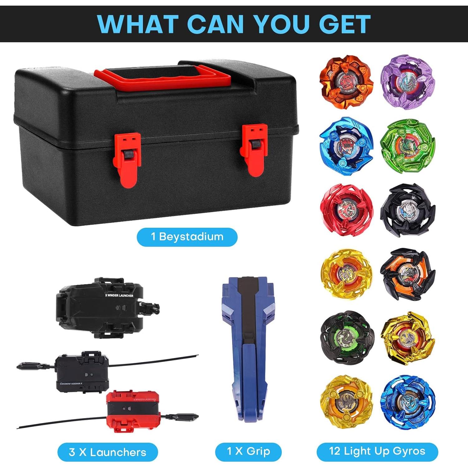 Conjunto de Batalla DEZAWRTY - 12 Trompos Giratorios y 3 Lanzadores