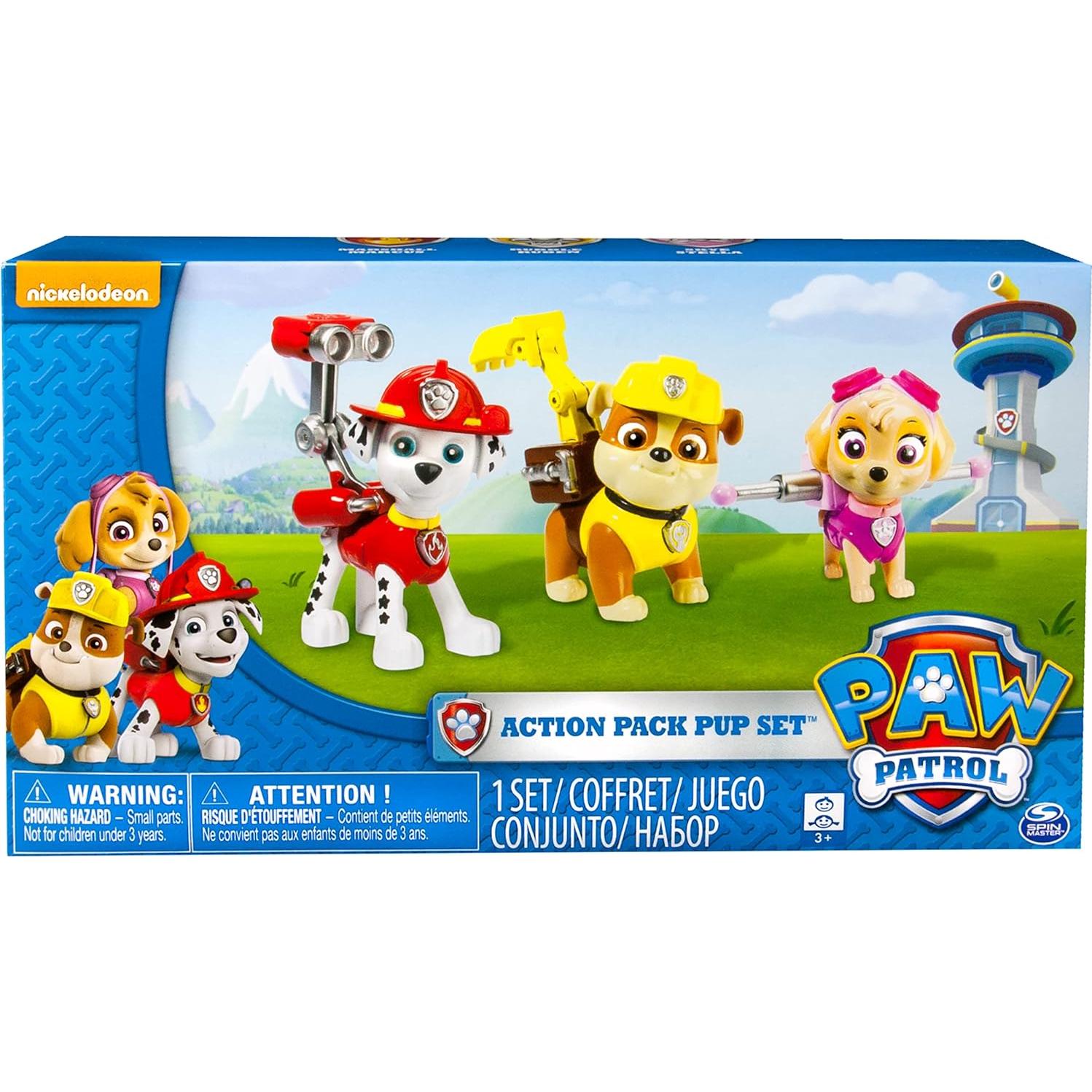 Conjunto de Figuras Paw Patrol Action Pack 3 Pups Marshall Skye Rubble