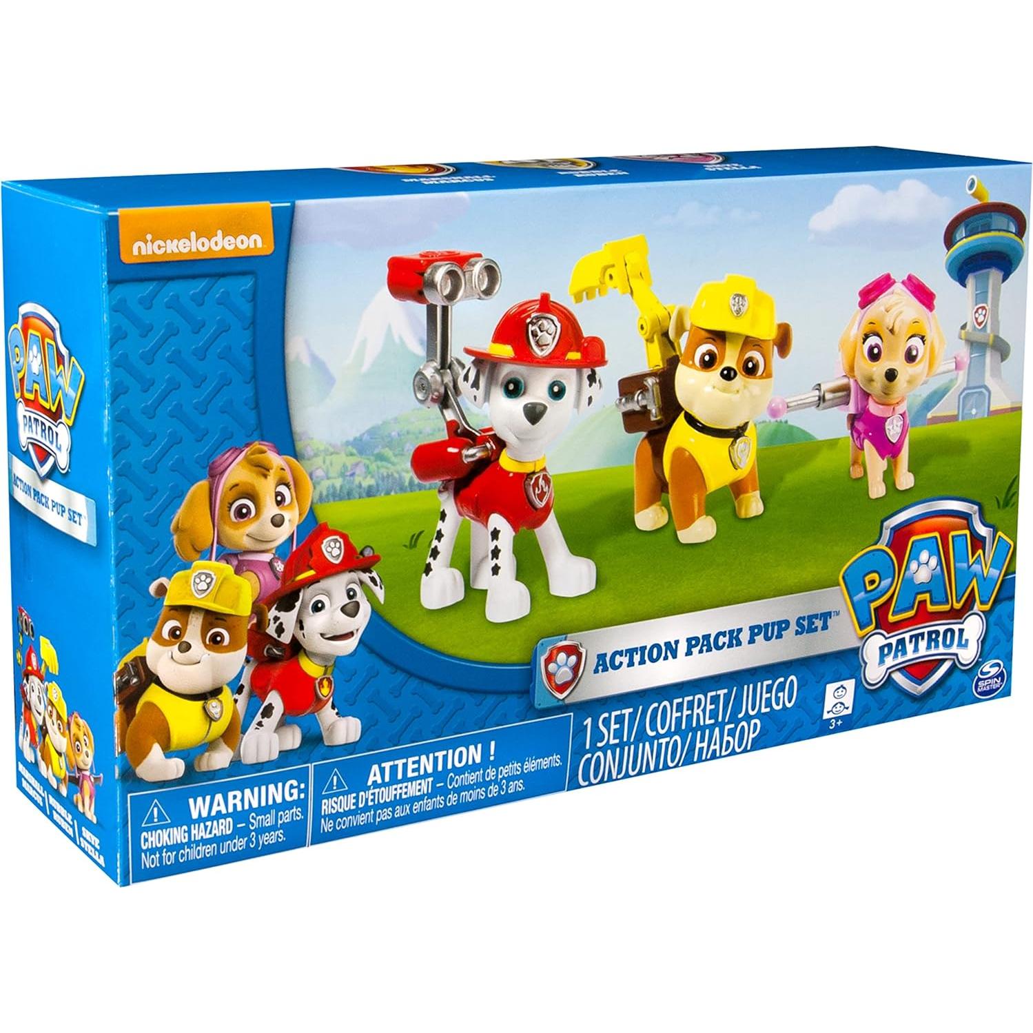 Conjunto de Figuras Paw Patrol Action Pack 3 Pups Marshall Skye Rubble